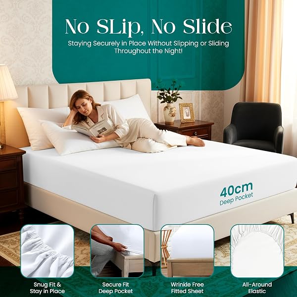 Linens World Egyptian Cotton Fitted Sheets Breathable, Anti Wrinkle 40cm Deep Pocket 200 Thread Count Bed Sheets Double Bedding & Linen- White Bedding Double 137 X 190 CM Double Fitted Sheet - 3