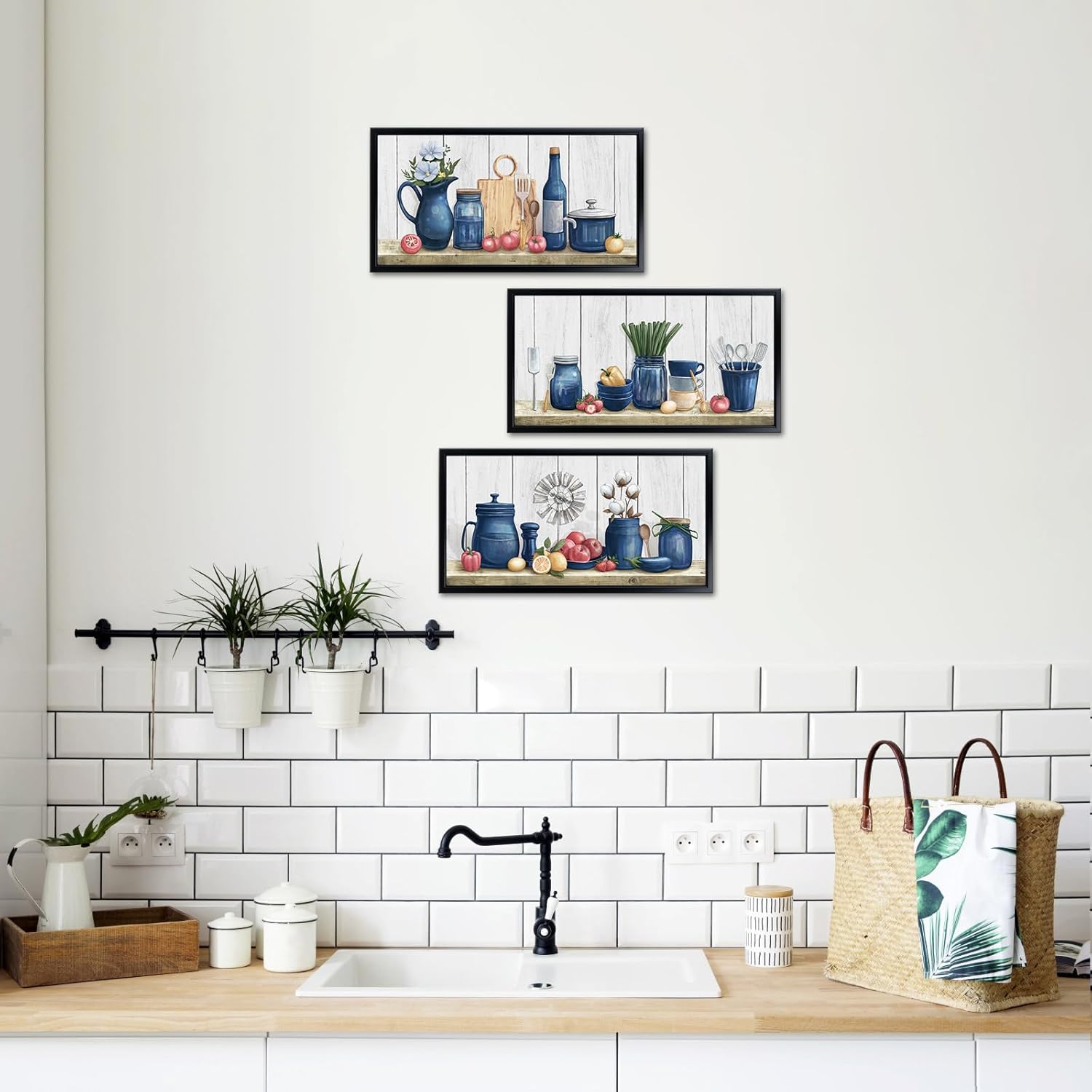 iKNOW FOTO 3-Piece Country Kitchen Canvas Wall Art, Rustic Farmhouse Food Still Life Prints with Black Frame, Vintage Dining Room Wall Decor, Ready to Hang, Each 8x16'' (Blue)