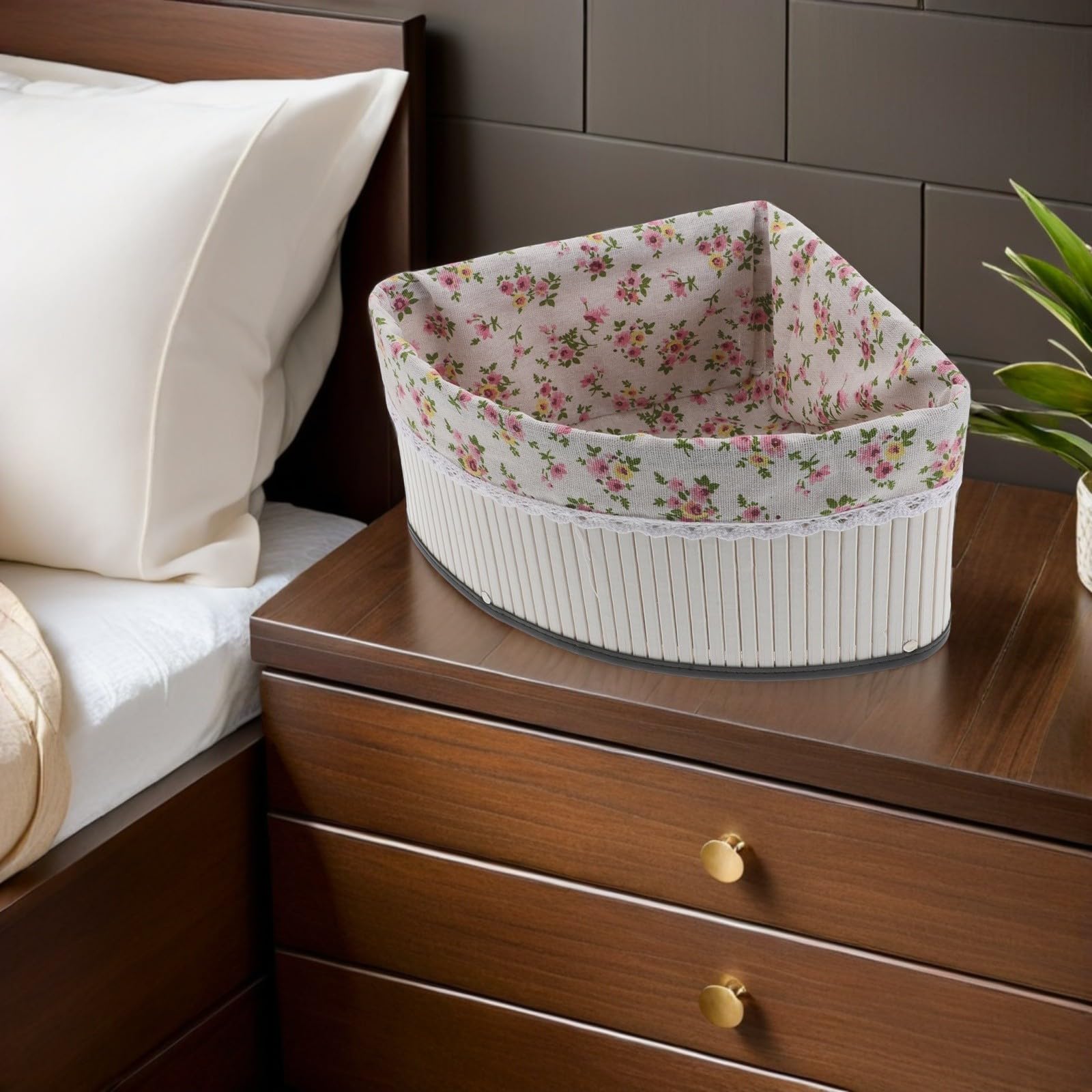 Cesta de Almacenamiento Pequeña con Diseño en Forma de Abanico Tejida a Mano de Bambú y Forro Lavable , Organizador Multiusos para Mesa y Rincón