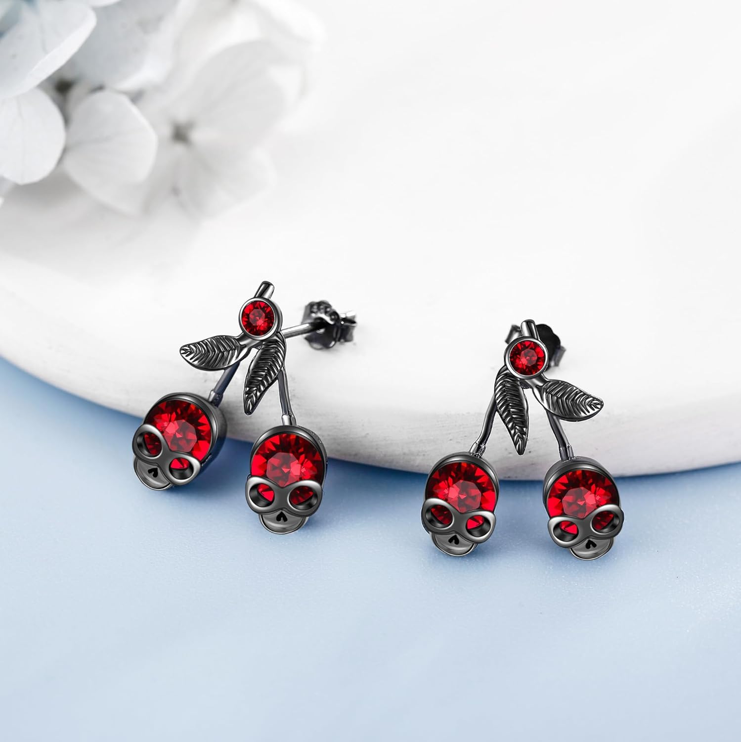 Skull Cherry Earrings S925 Sterling Silver Gothic Cherry Stud Earrings Red Skeleton Earrings Halloween Jewelry Gifts for Women - Image 2