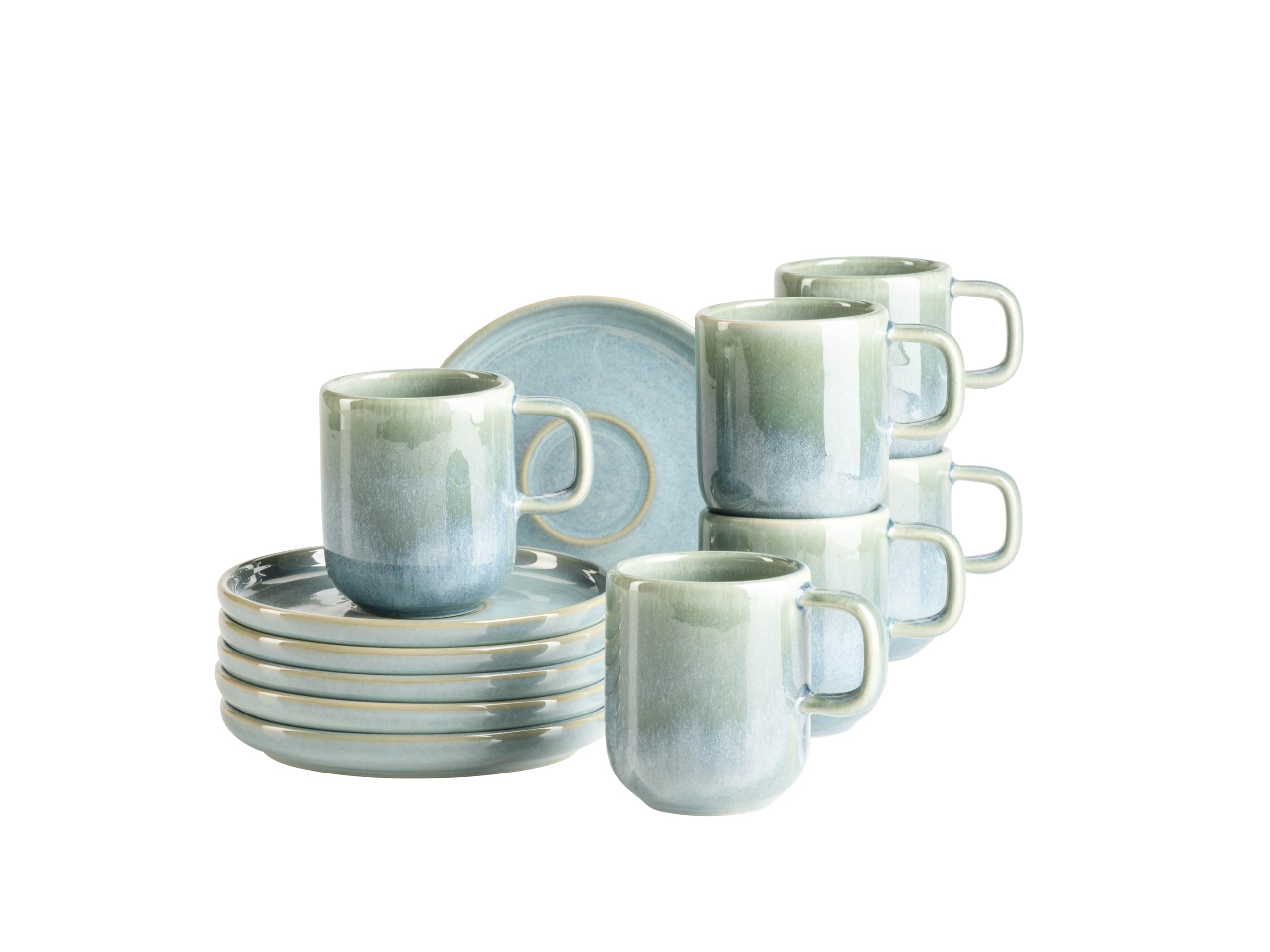 Mäser Atacama Green Cordelia Series Espresso Cups Set For 6 People Made Of High-Quality Stoneware, 12-Piece Coffee Service Consisting Of 6 Espresso Cups And 6 Espresso Saucers, Stoneware, Green