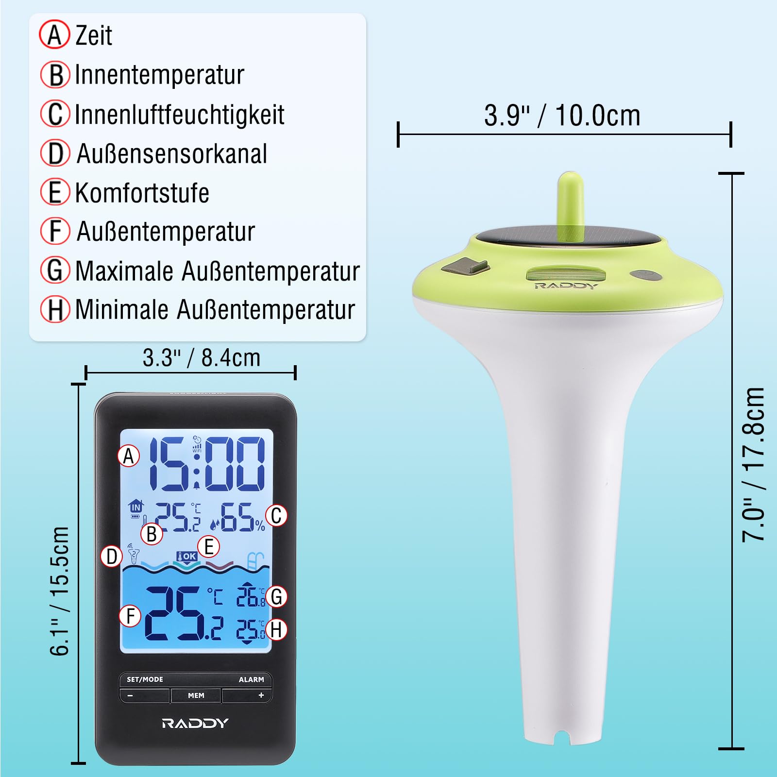 Raddy PT-5 WiFi Poolthermometer, Kabelloser Schwimmender Sensor mit Innenanzeige, App-Fernüberwachung, IPX8 Wasserdicht, Solar- und USB-C-Aufladung, für Pool, Whirlpool, Spa