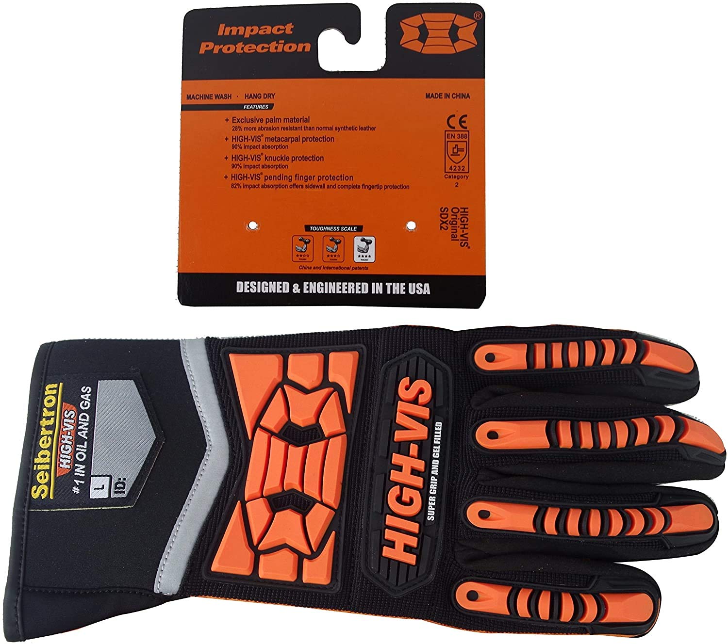 Seibertron HIGH-VIS SDXO2 Super Grip et des gants remplis de gel avec protection d'impact/oléofuge haute résistance aux chocs de sécurité avec des protecteurs impacts des mines gant L