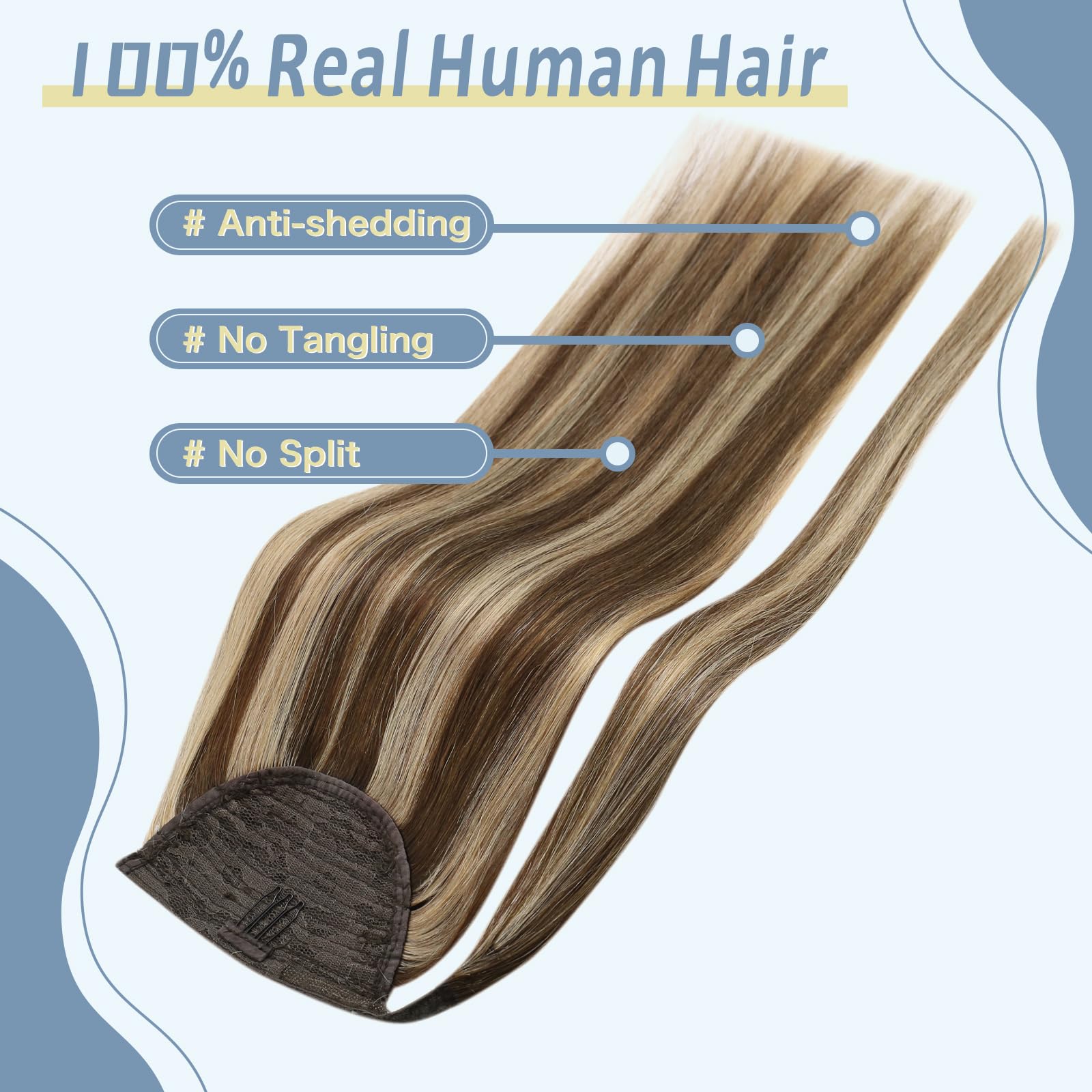 Fshine Ponytail Hair Extension Capelli Coda 50 cm 80 Grammo Capelli Veri Lisci Castano Medio Con Riflessi Biondo Clip in Coda Di Cavallo Capelli Umani Brasiliani 4P27