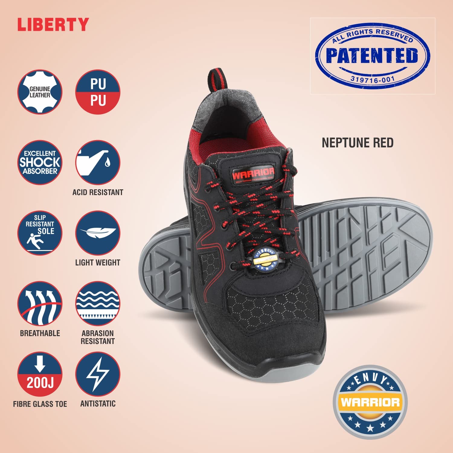 Liberty Warrior Envy Neptune Safety Shoes for Men, Genuine Leather, Light Weight, Fiber Glass Toe, Red, Size-6UK 1