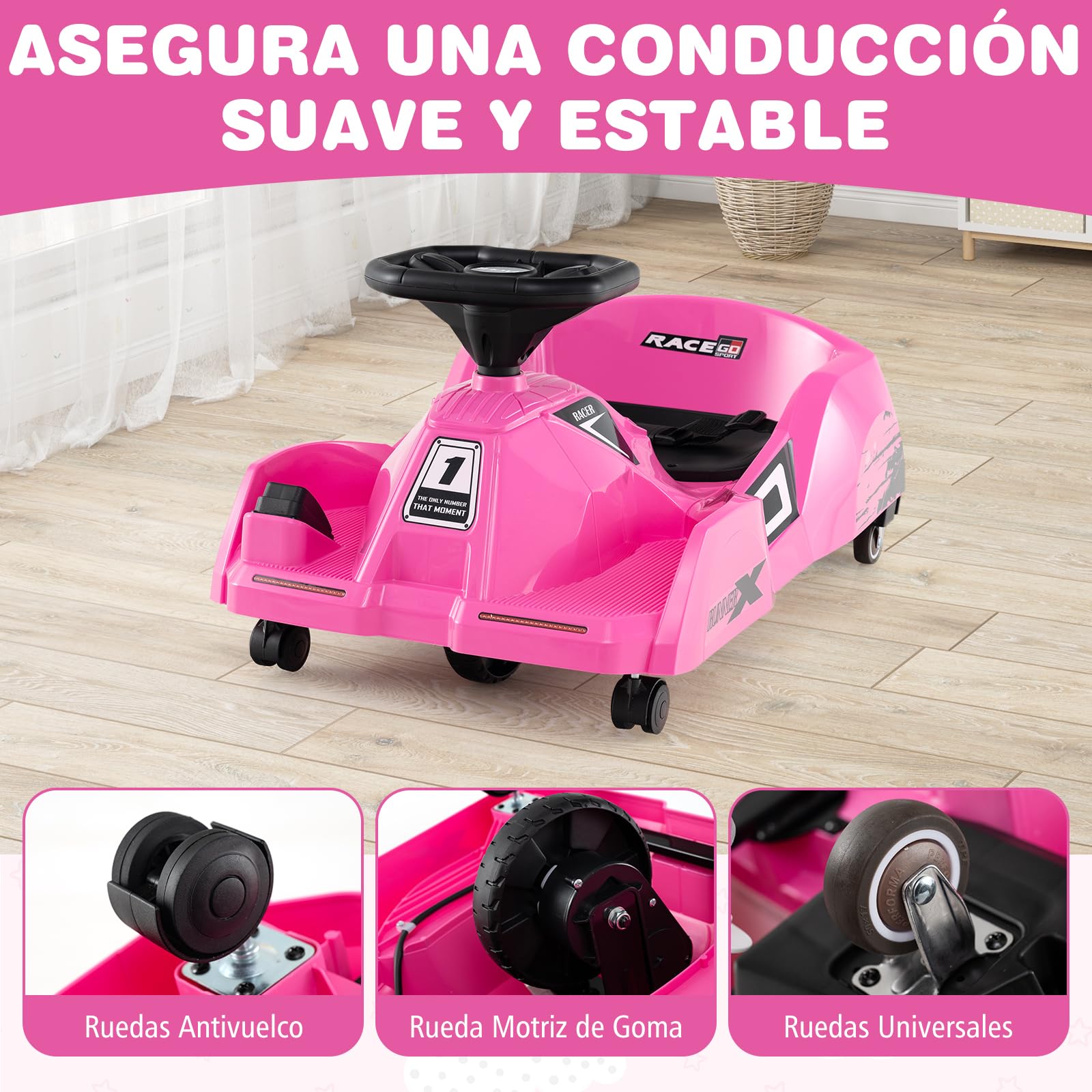 GOPLUS Go Kart Coche Eléctrico 12V Infantil, Kart Eléctrico con Pedal, Fregona Desmontable, Control Remoto, Conexión Inalámbrica, Música, 3 Velocidades, Coche de Juguete para Niños de 2-5 Años (Rosa)