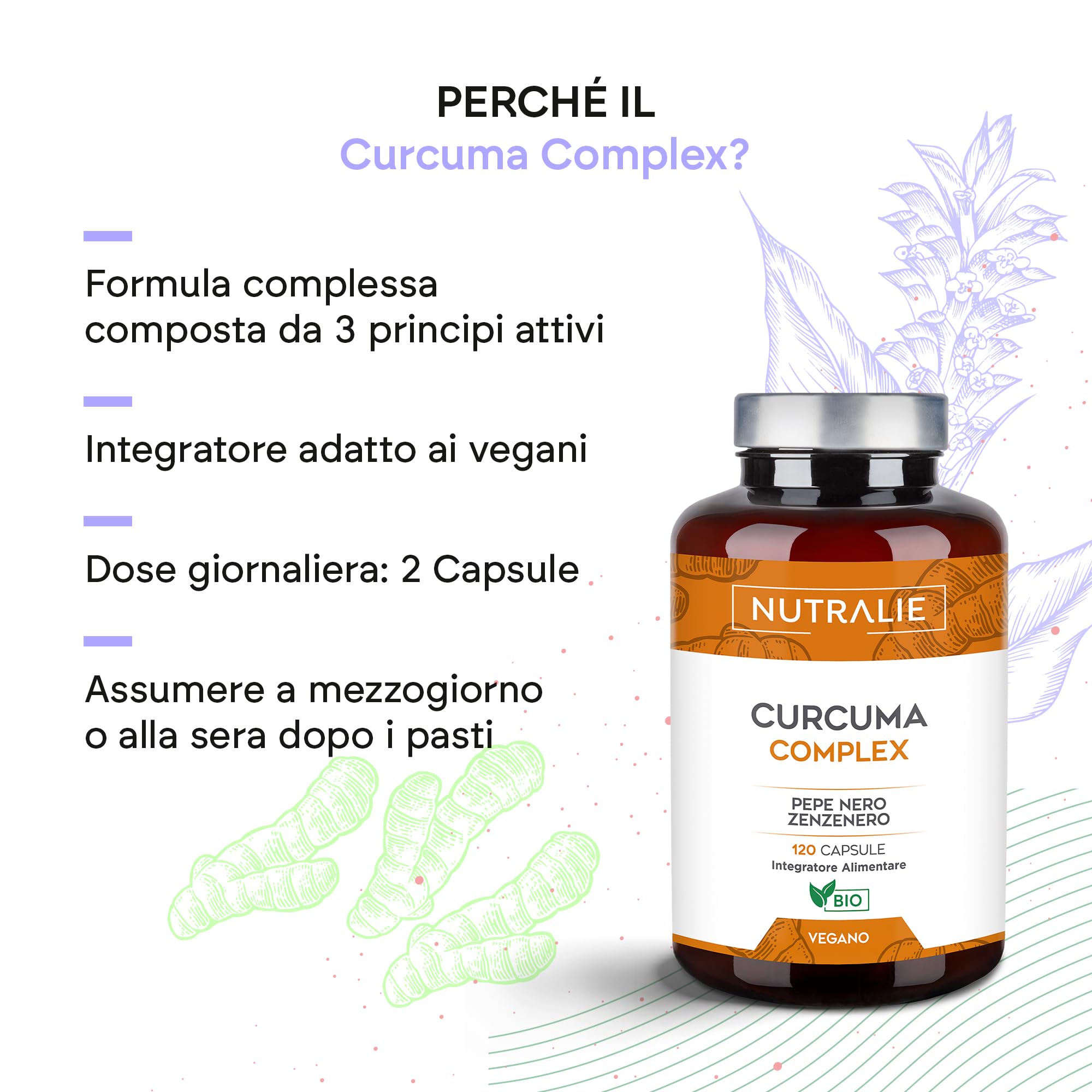 Curcuma Capsule e Piperina + Zenzero + Pepe Nero - 1420mg - Curcumina - Curcuma BIO - Turmeric Naturale 120 Capsule - Nutralie