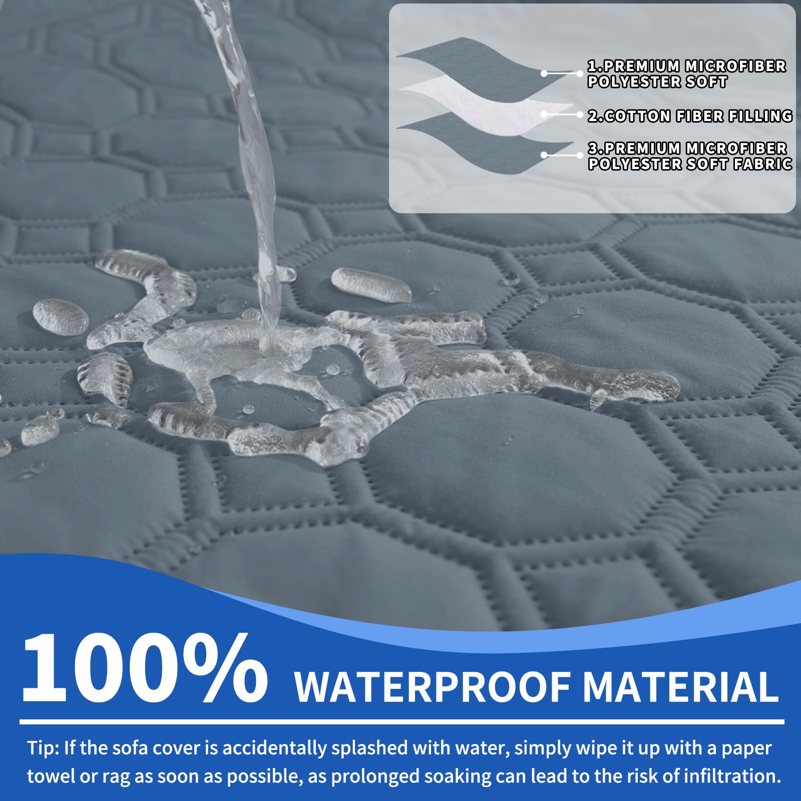 Ystyle Copridivano Impermeabile 3 Posti Con Braccioli, Copri Divano Antigraffio Gatto Con Tasche Laterali, Sofa Cover Antiscivolo, Universale Copridivani Mobili Protector, Blu Grigio
