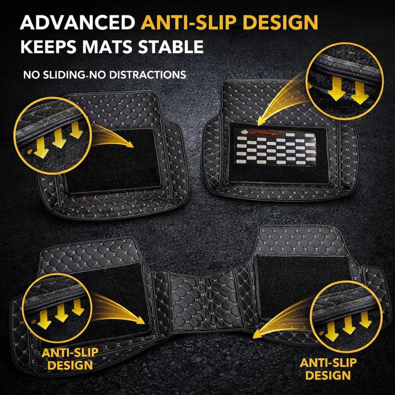 Image of CYRERUniversal Car 7D Floor Mats for 5-Seater Cars | Premium PU Leatherette Car Foot Mats | Anti-Skid, Waterproof, Easy to Clean | Silver Black | Set of 3