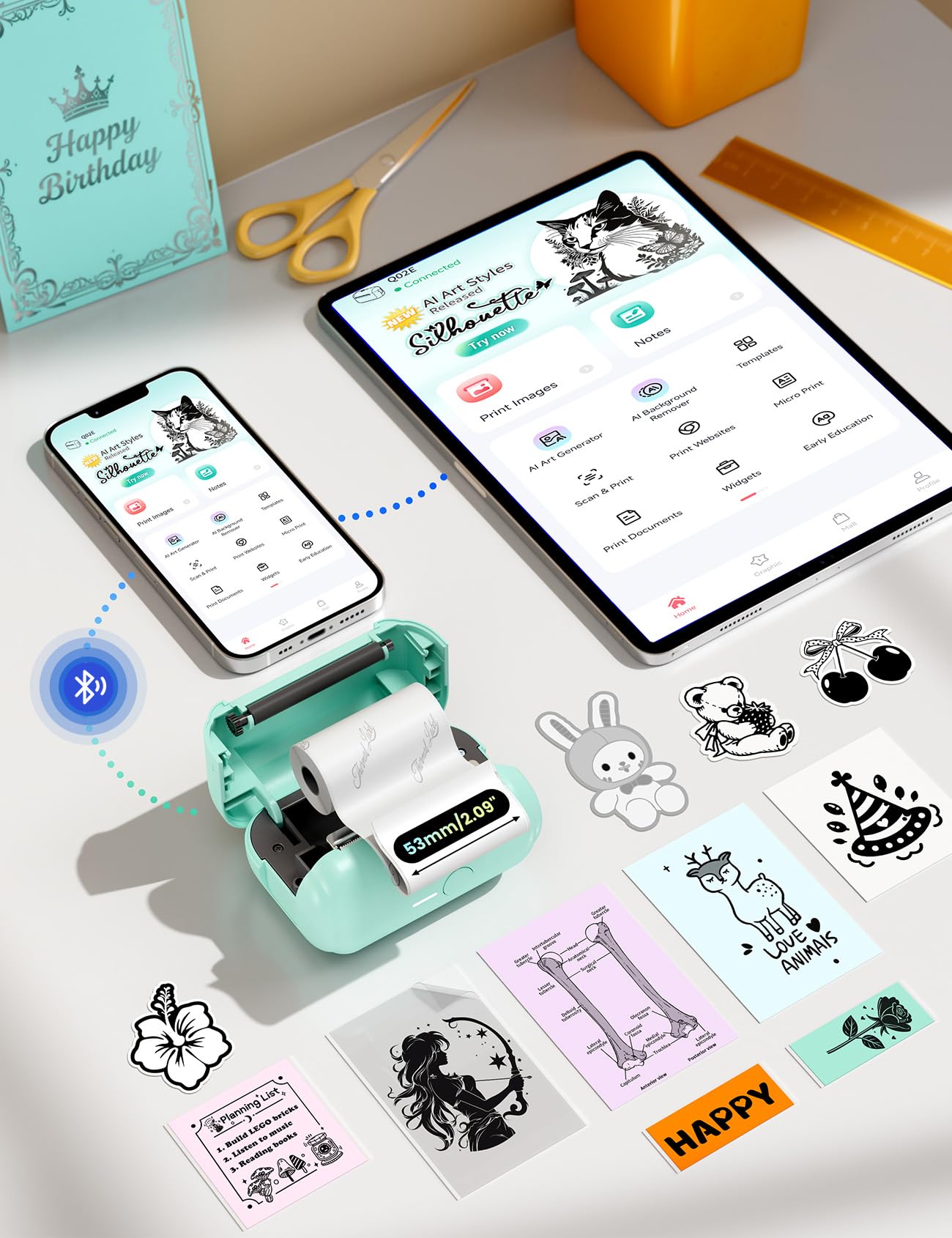 Memoking Mini Impresora térmica portátil con 3 Rollos de Papel Adhesivo, Q02E Bluetooth Impresora de Pegatinas para Estudiantes, para Notas de Estudio, Fotos, creación, anatómicos, Regalo (Verde)