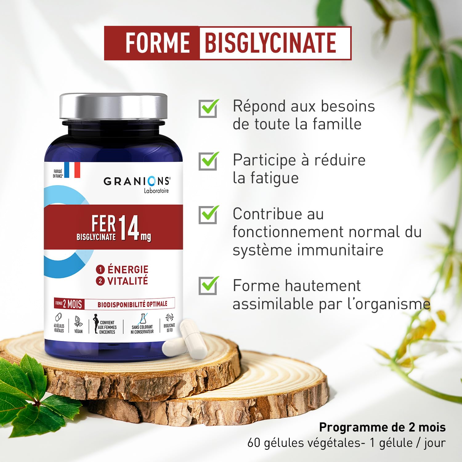 FER BISGLYCINATE 14 mg GRANIONS Immunité et Energie + Vitamines B – Bisglycinate de Fer – Fer Bisglycinate Biodisponibilité Optimale - Femmes Enceintes – 60 Gélules Format 2 Mois –Fabriqué en France