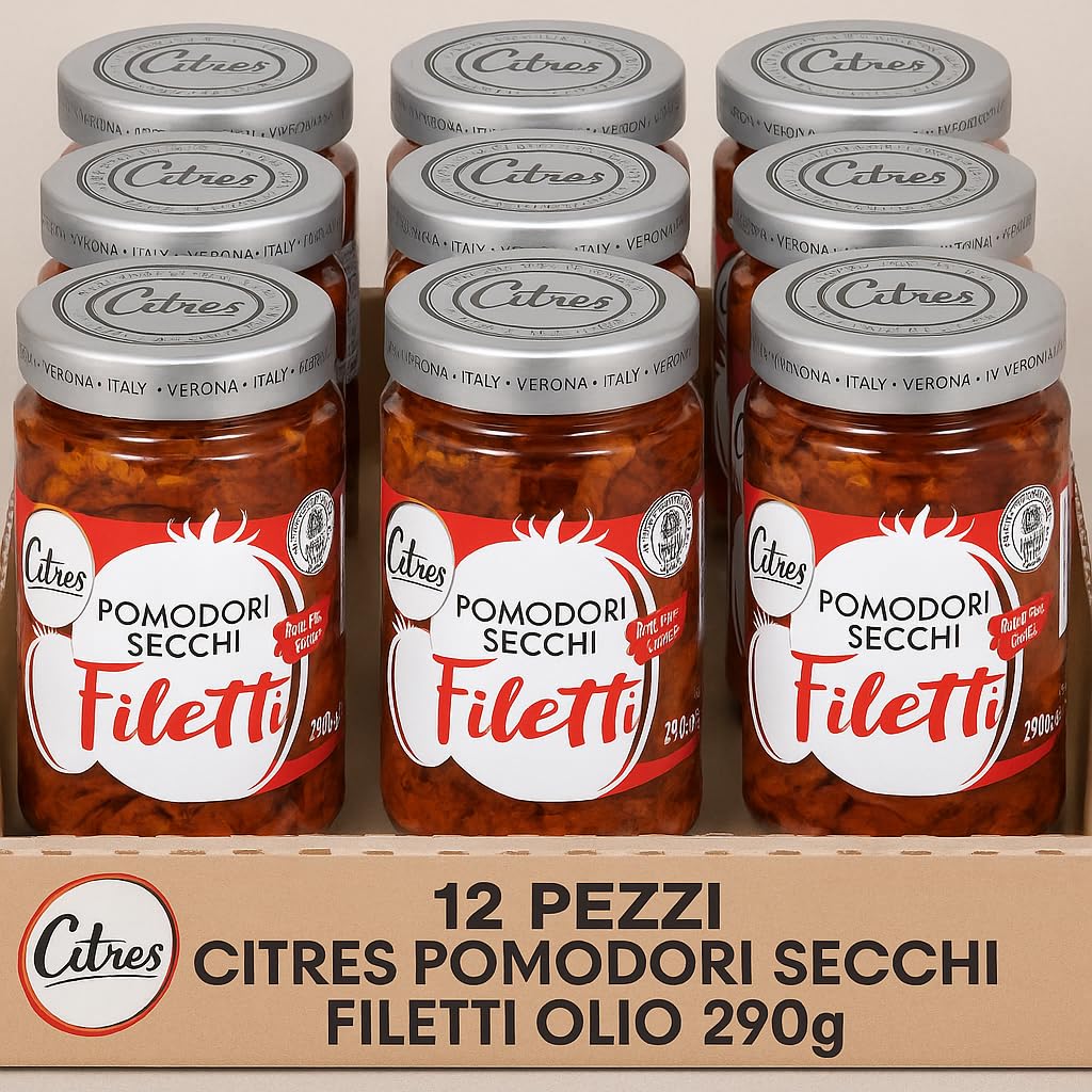 Pomodori Secchi a Filetti in Olio di Girasole, Confezione da 12 Vasetti da 290g, Prodotto Italiano con Erbe e Spezie, Ideale per Antipasti, Pasta, Insalate e Piatti Mediterranei dal Gusto Autentico
