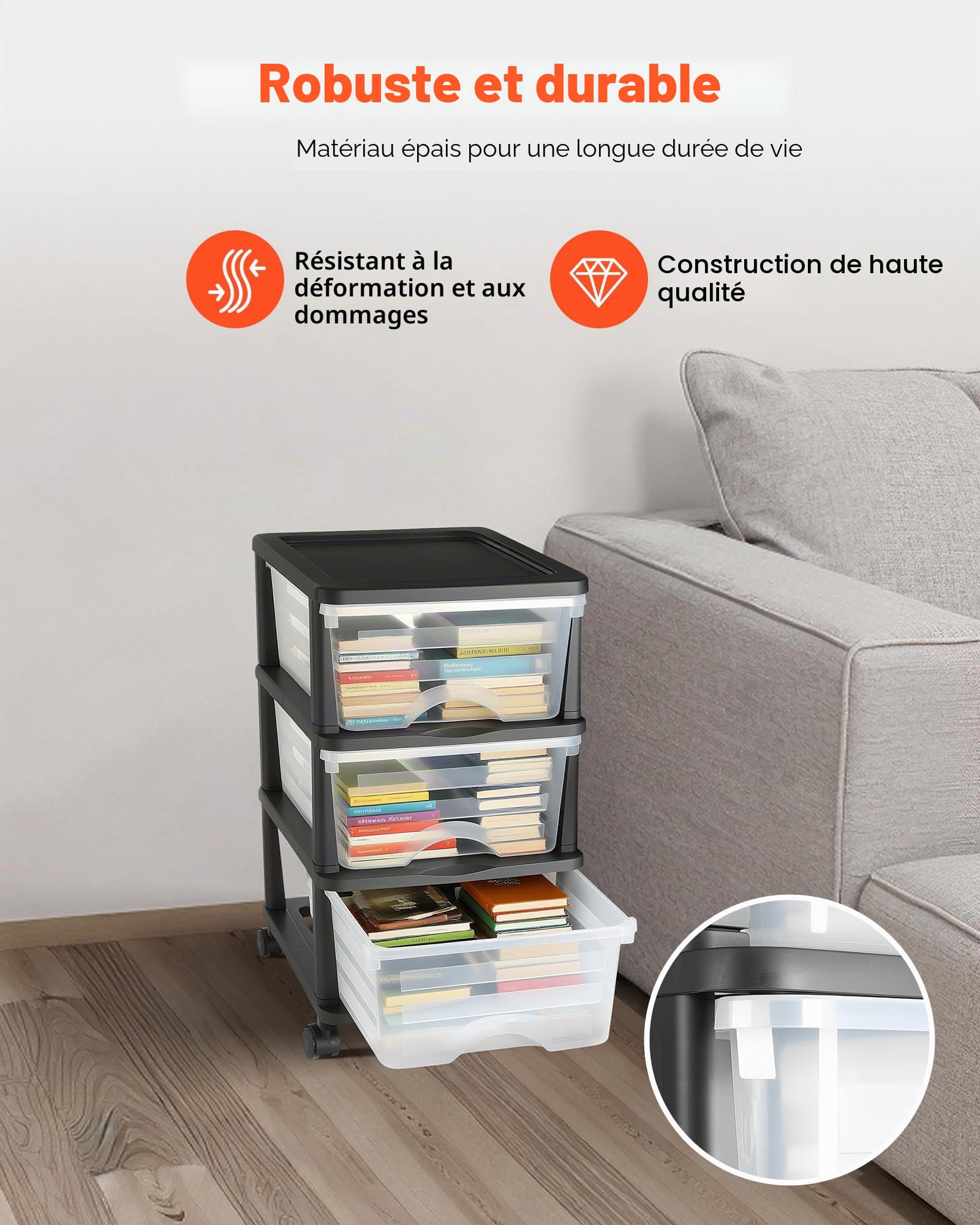 VEVOR Chariot de rangement à 3 tiroirs en plastique, tour de rangement à roulettes, organiseur mobile à 3 niveaux, bac transparent pour fournitures de bureau, salles de bricolage et salles de classe