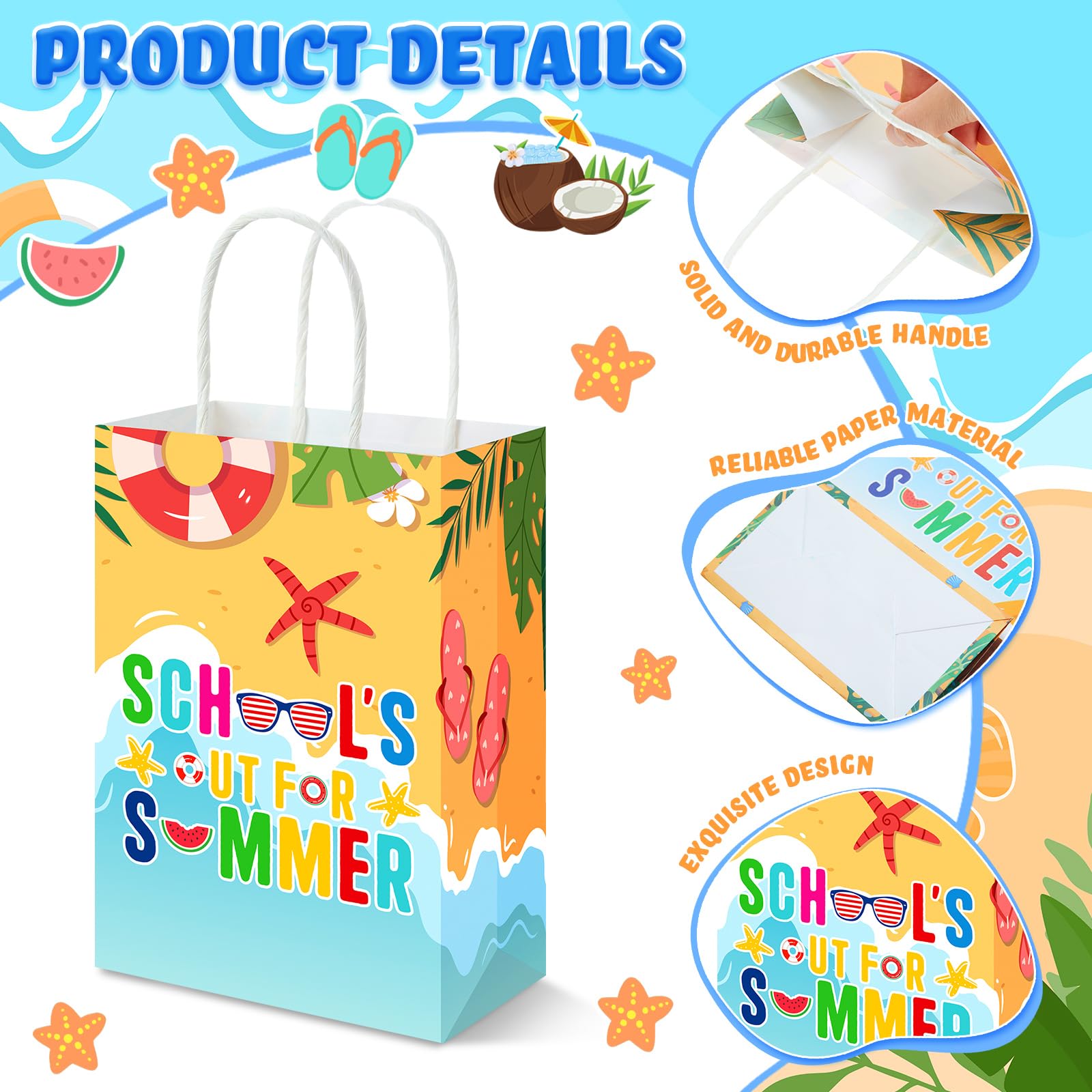 Yexiya 24 Pcs Summer Party Gift Bags Beach Themed Paper Treat Bags with Handles Candy Treat Paper Handbag for Birthday Parties, Summer Vacations, Weddings, Baby Showers Beach and Pool Celebrations