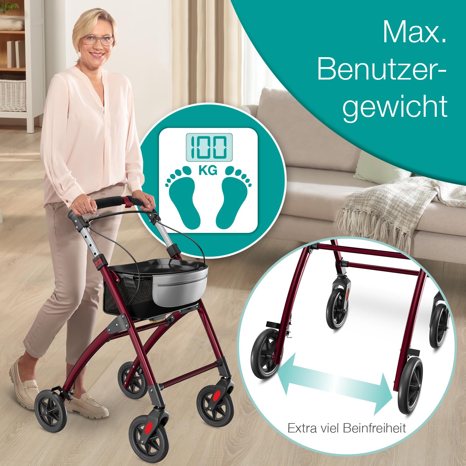 ELONEO Wohnungsrollator 54cm breit, faltbar und leicht, inkl. Tablett & Stoffkorb, Rollator schmal für die Wohnung, Indoor-Rollator, klappbar, Aluminium,Mobilität für Zuhause rot