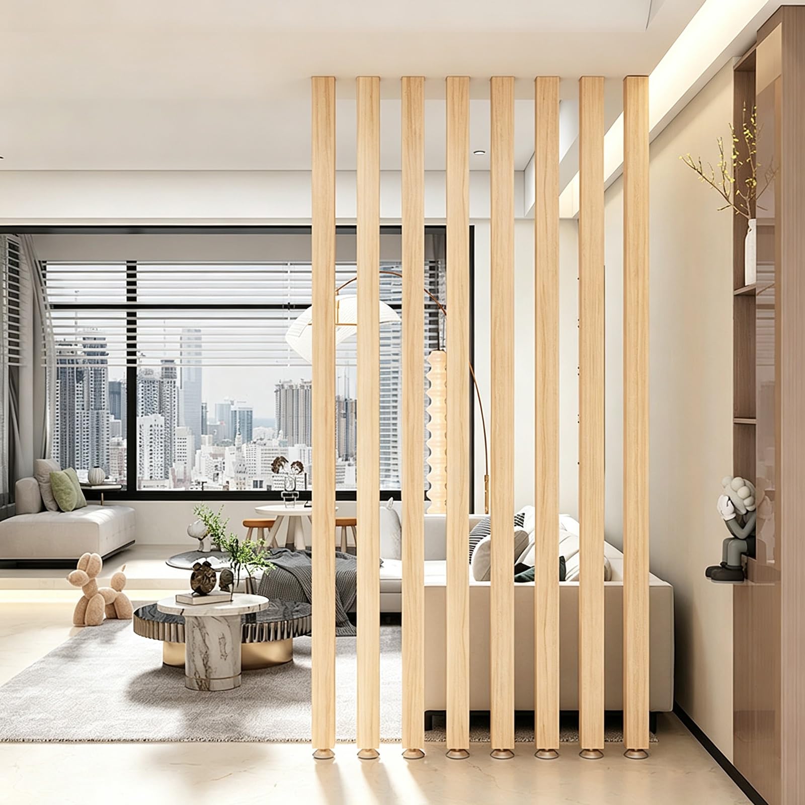 8 Colonne Divisorie per Ambienti, Divisorio con Doghe in Legno da Pavimento a Soffitto, Separatore in Legno con Piedino Regolabile, Parete a Doghe per Appartamento e Ufficio(Natural,110x80cm/43x31")