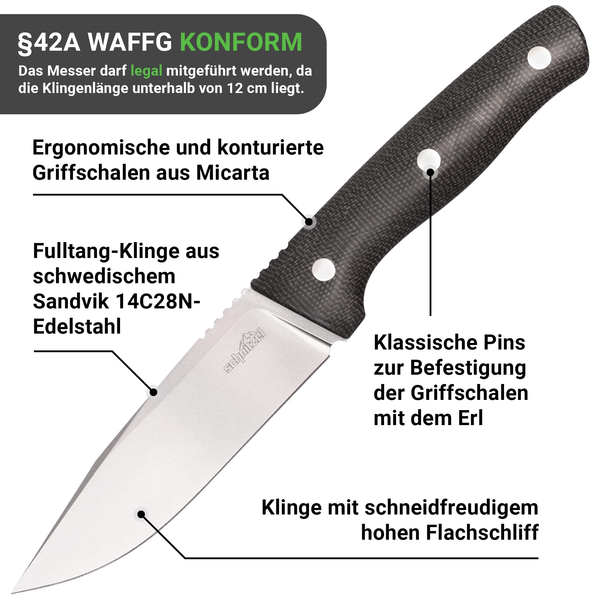 SCHNITZEL KVIN - Outdoormesser mit Kydex - Scheide, Braun/Orange | Dangler - Tragesystem - §42A konform - Bushcraft-, Outdoor-, Freizeit-Messer für Erwachsene, Wandern, Schnitzen