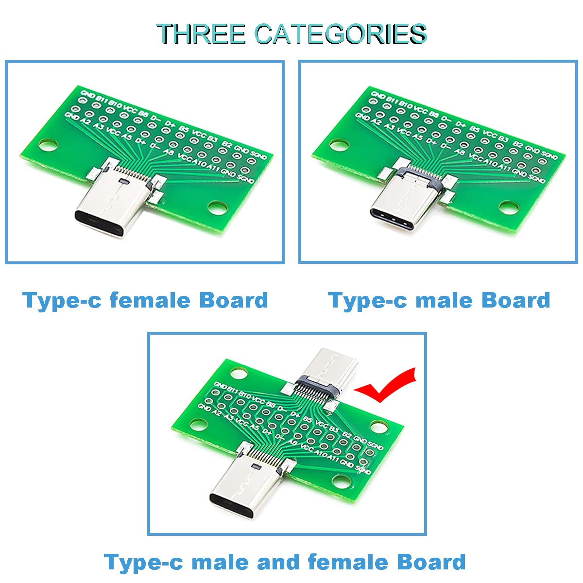 Youmile 2 Stück USB3.1 Type-c PCB Board Typ-C-Stecker auf Buchse Testplatine 24P 2,54 mm Stecker doppelseitige Buchse mit Stiftleiste für Datenleitungs-Kabelübertragung