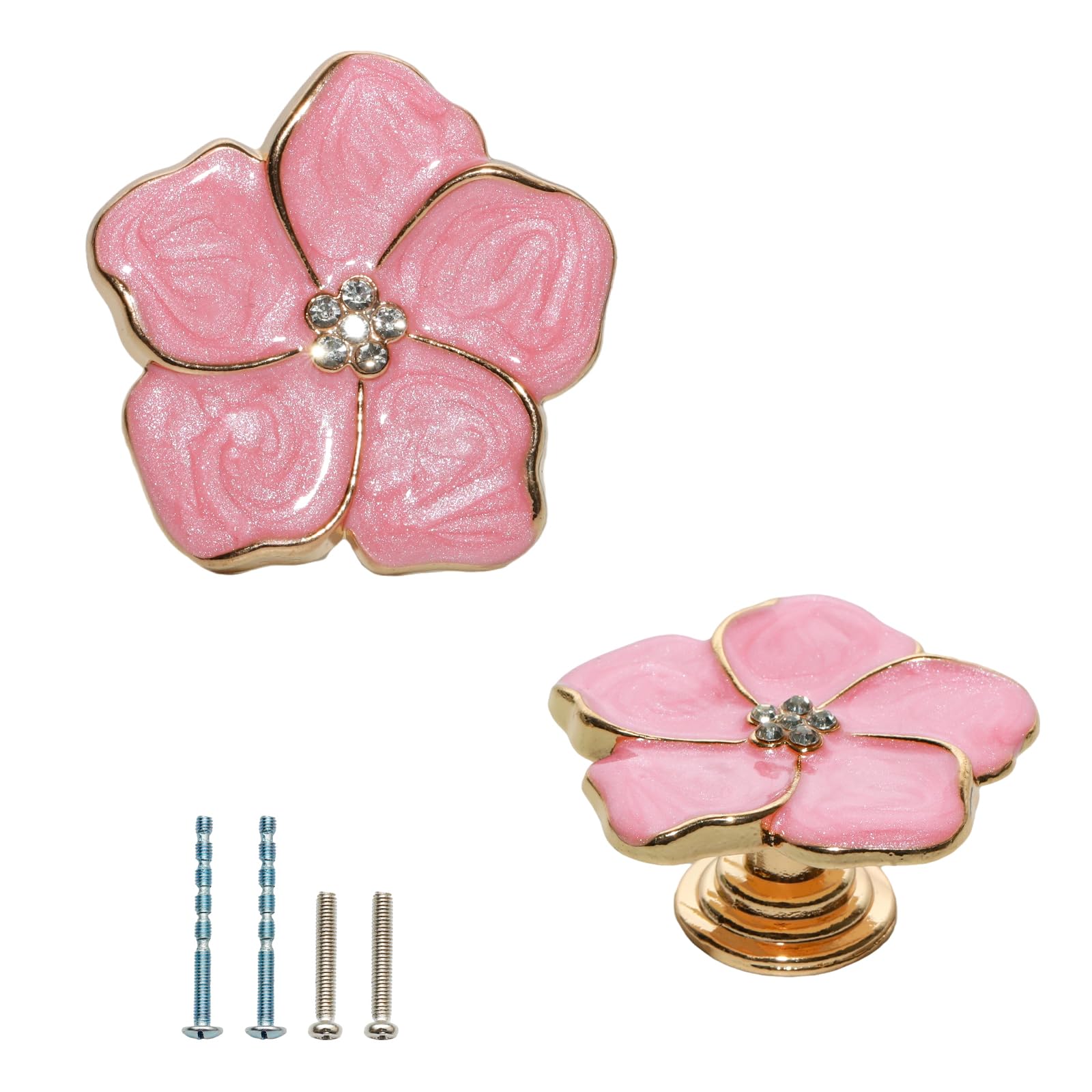 JAKOUE 2 PCS Pink Flower Knobs（Diamond Core） for Dresser Drawers,Decorative knobs with 2 Kind Screws，Size 1.7inch
