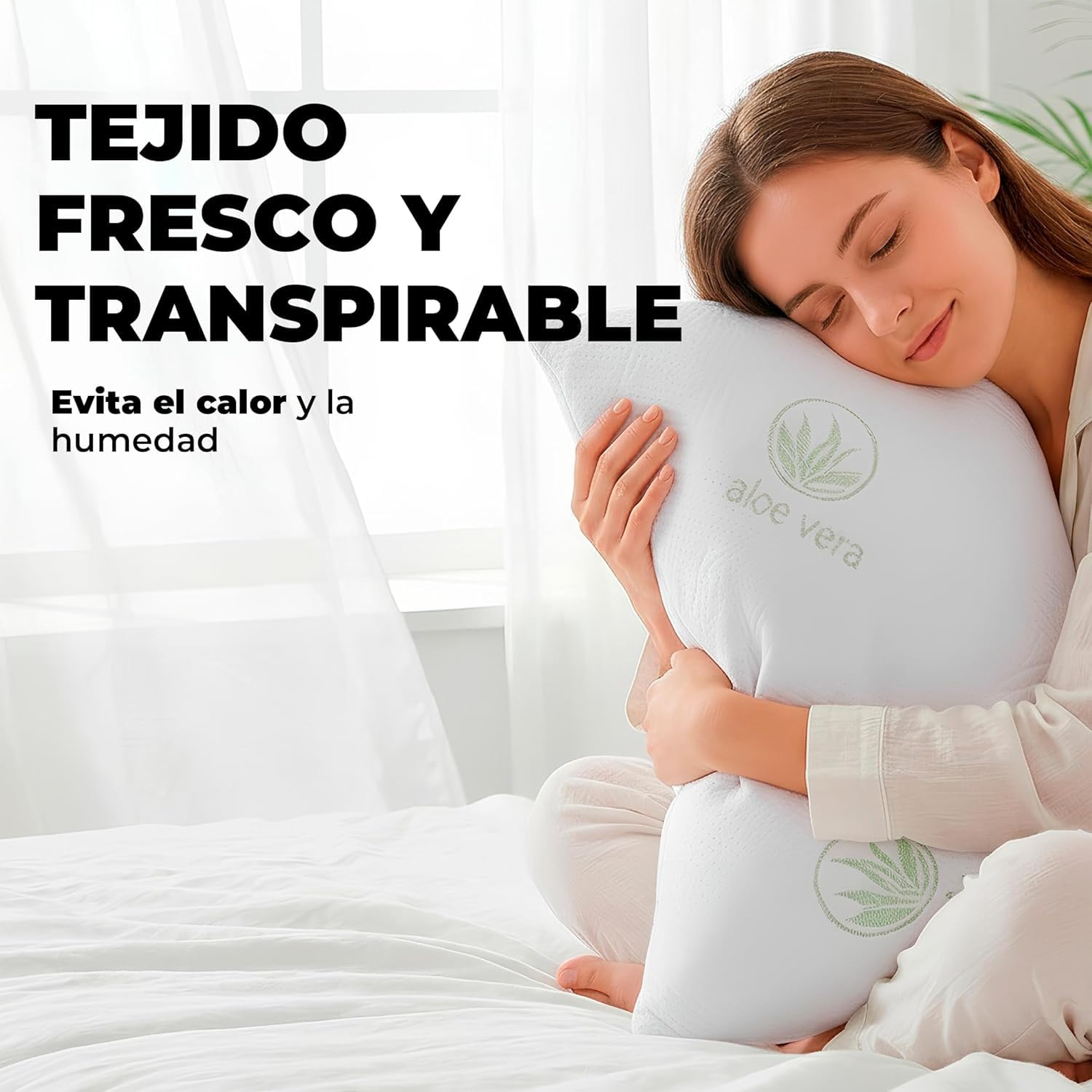 Pack de 2 Almohadas Viscoelasticas Copos Aloe Vera Transpirable Hipoalergenica Firmeza Media Adaptable Cuello Cervical Anti Calor Lavable Desenfundable Confort Dormir Lado Espalda 90 Cm