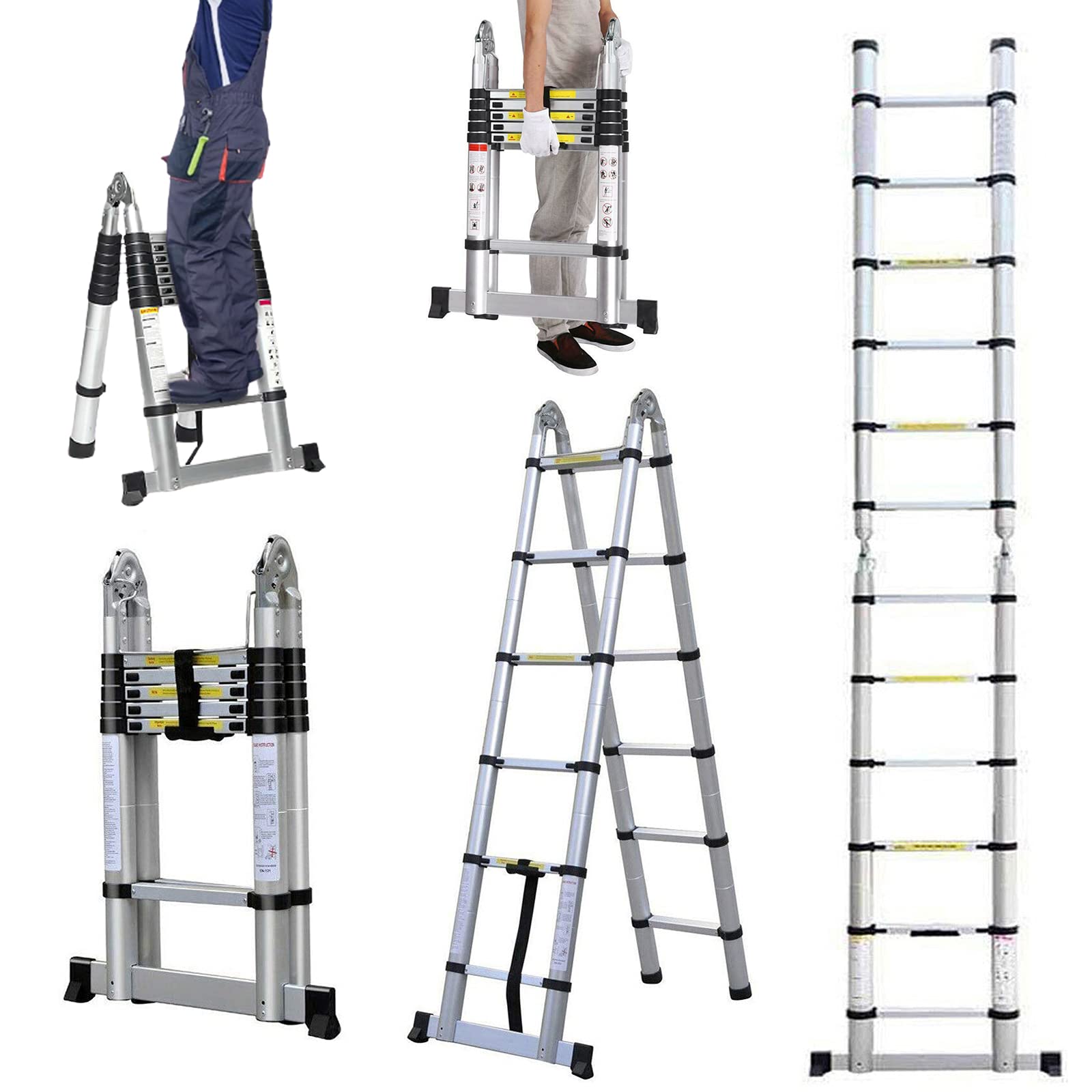 Telescoping Ladder 3.8M 12.5FT 330lb Capacity Extension Loft Ladders Lightweight A Frame Straight Stepladders Expandable Aluminum Anti-Slip Multi Function Portble Compact Retractable EN131
