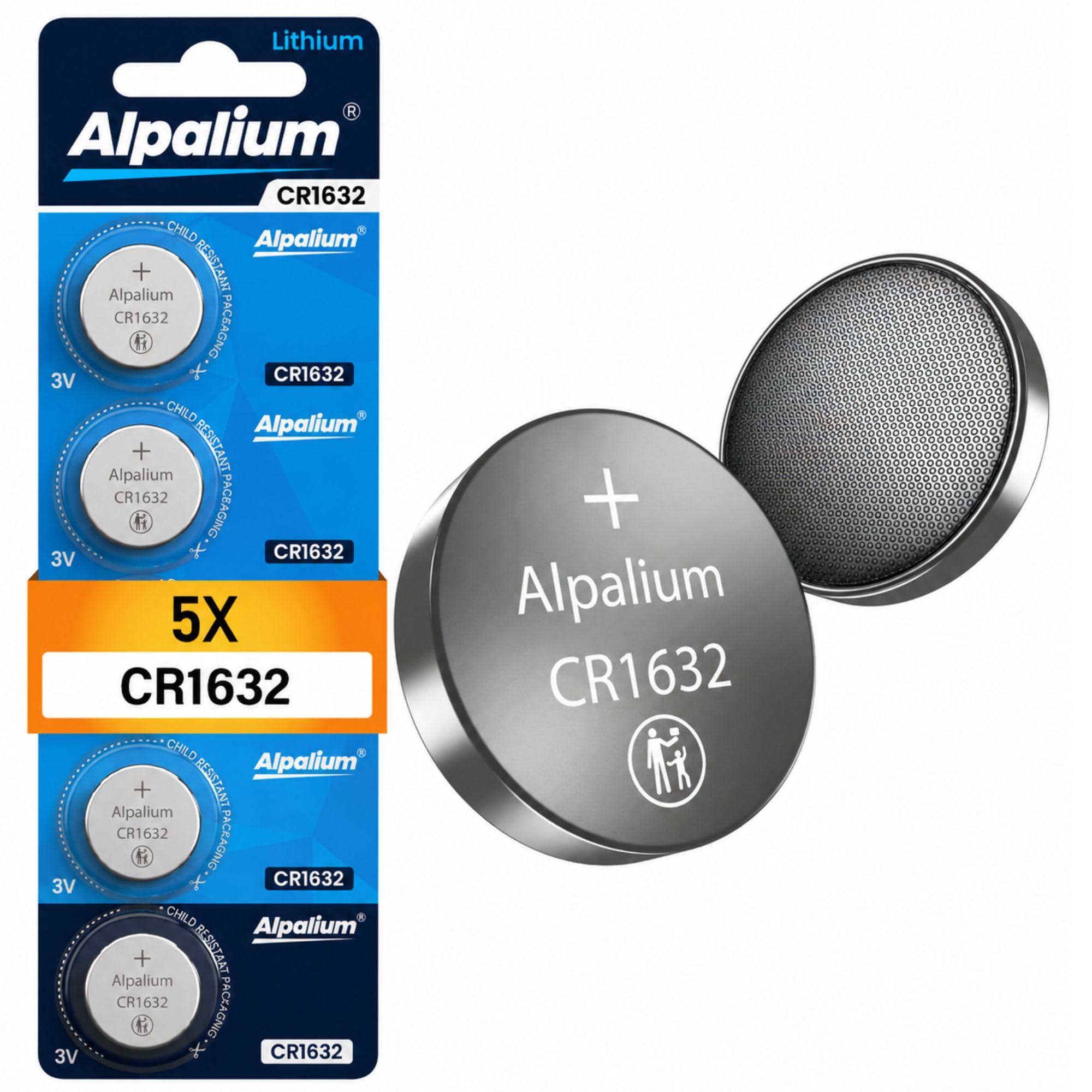 CR1632 Batterie Knopfzelle 5er Pack Alpalium 3V Hohe Leistung für Fernbedienungen, Schlüsselanhänger, CPUs, tragbare und medizinische Geräte, CR 1632 Premium Qualität & Lange Lagerfähigkeit