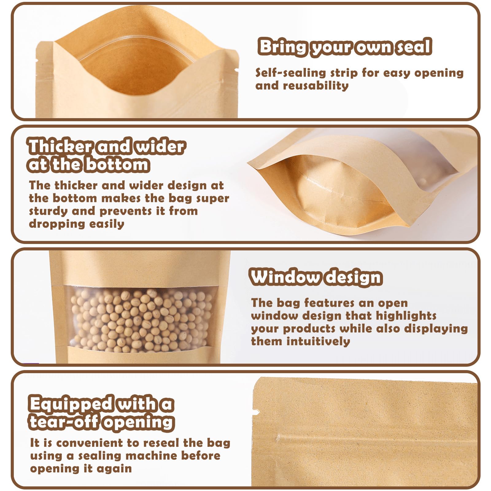 Sacchetti Carta Kraft Alimentare con Finestra e Chiusura 14x20cm Marrone 100 Pezzi