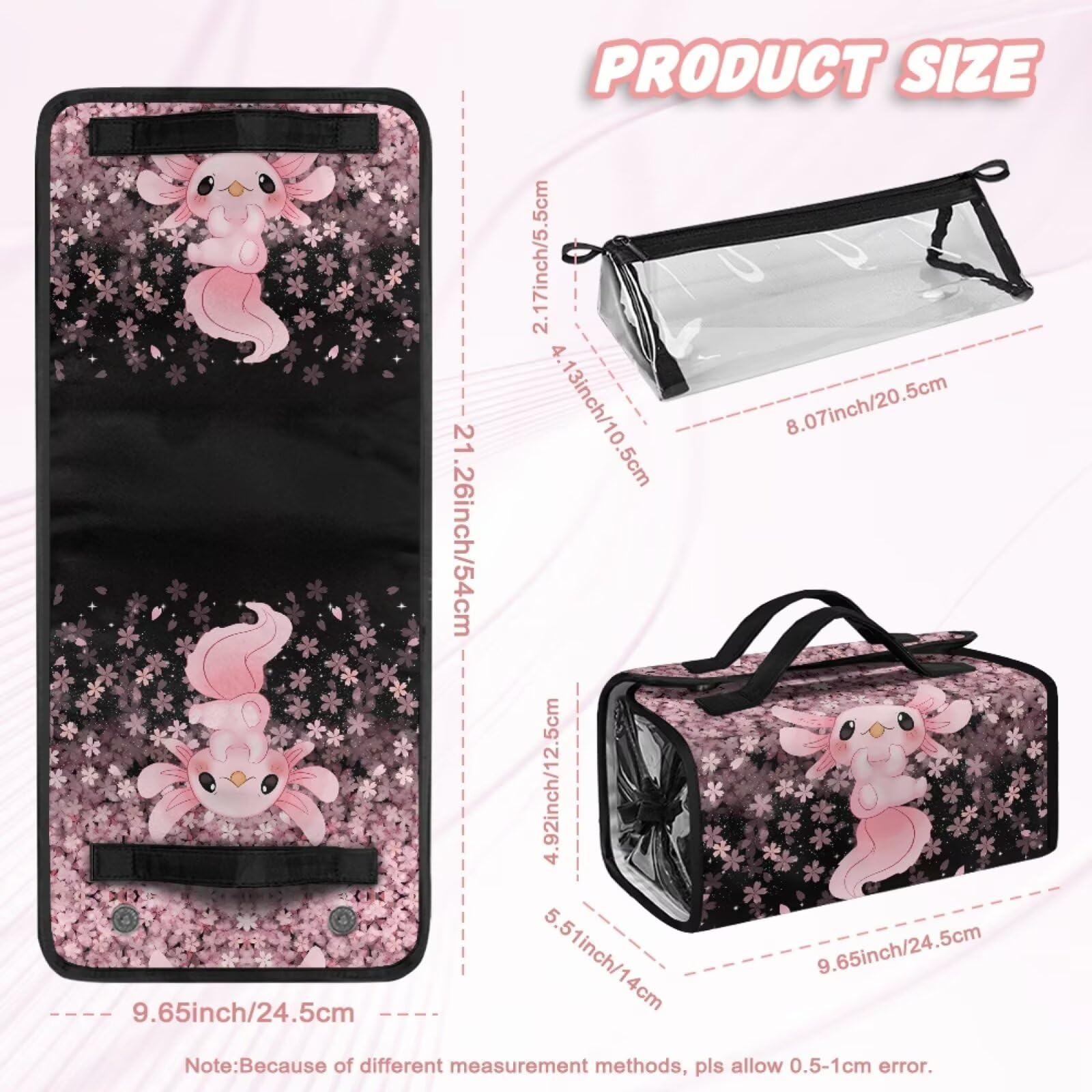 Dngkaoje Cute Axolotl Hanging Roll Up Makeup Bag for Women Girls Travel Pouches for Toiletries Kawai Axolotl Travel Toiletries Cases Multifunctional Organizer with 4 Removable Compartments - Image 4