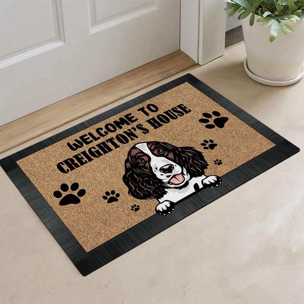 Personalized Welcome to Dog House Doormat with Cartoon Cute Peeking Puppy English Springer Spaniel Custom Door Mats for Home Decor 23.6 x 15.7 Inch