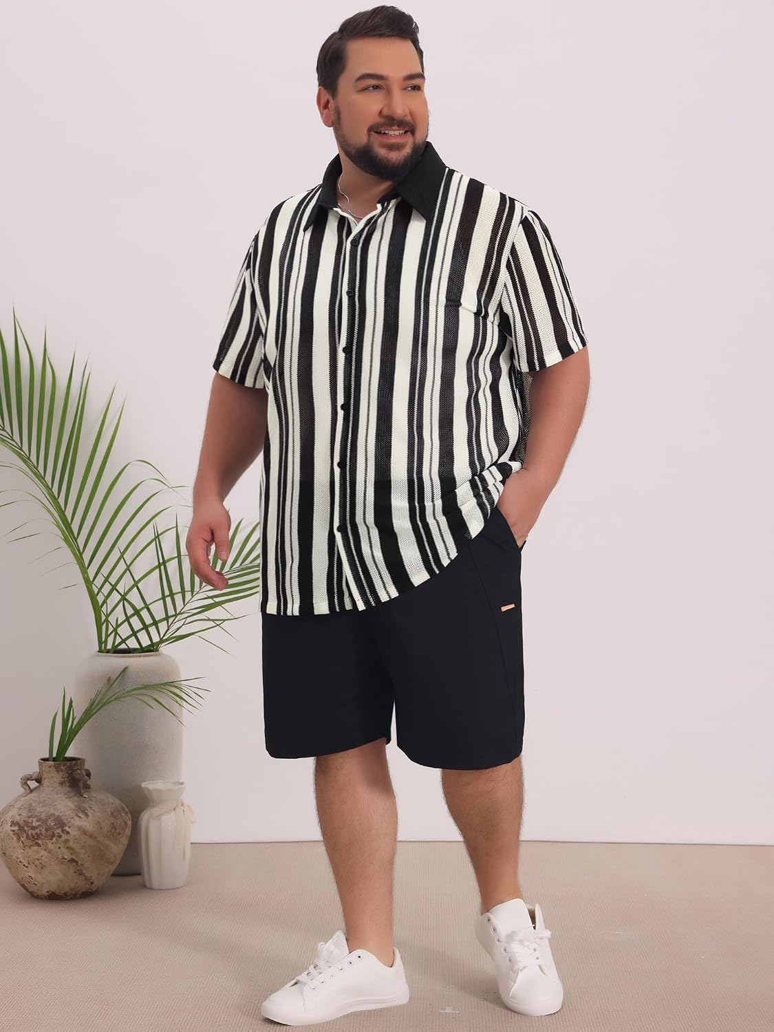 Men's Big & Tall Colorblock Striped Shirt Short Sleeve Button-Down Breathable Summer Casual Shirt