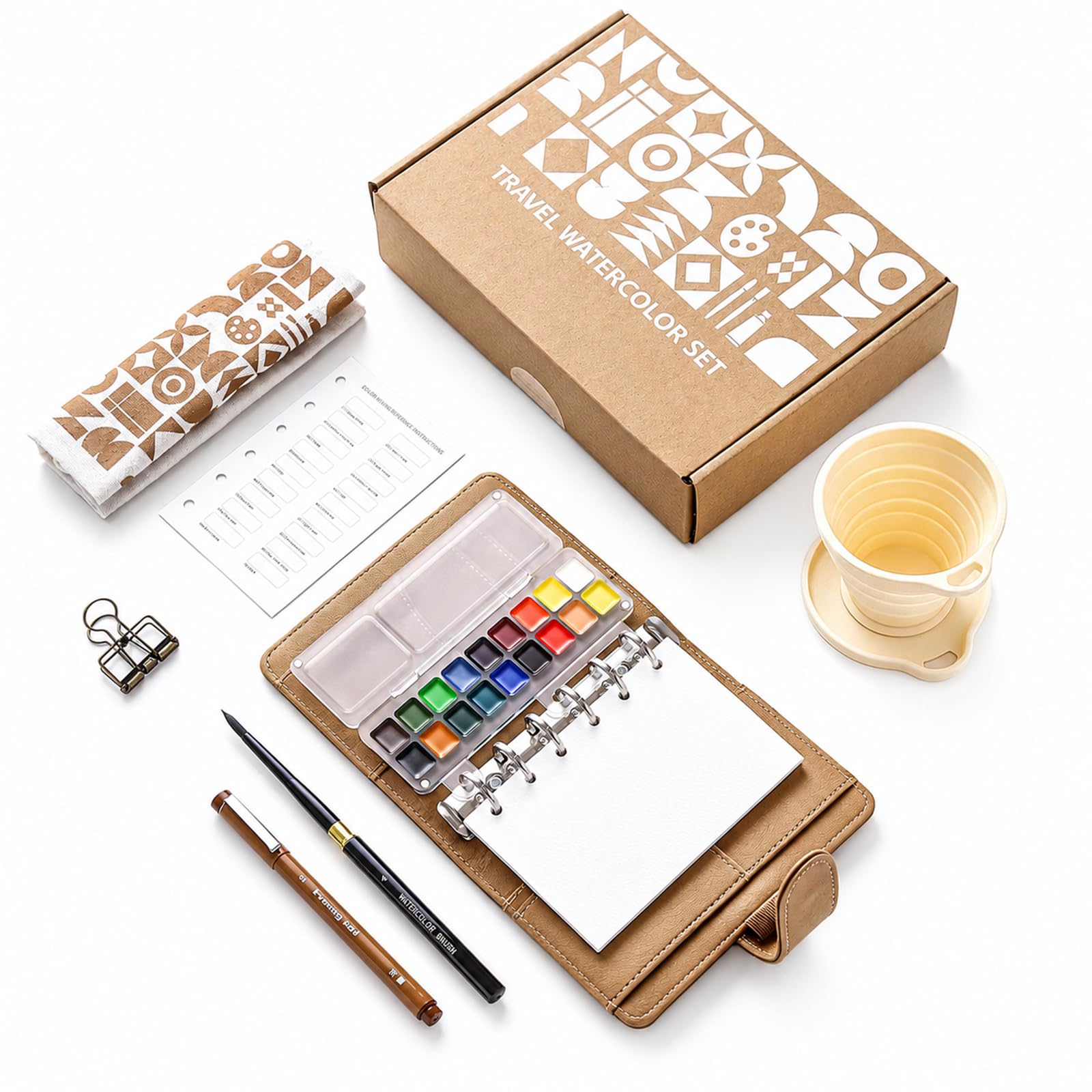 Juego de pintura de acuarela de viaje, 18 colores, piel sintética, juego de