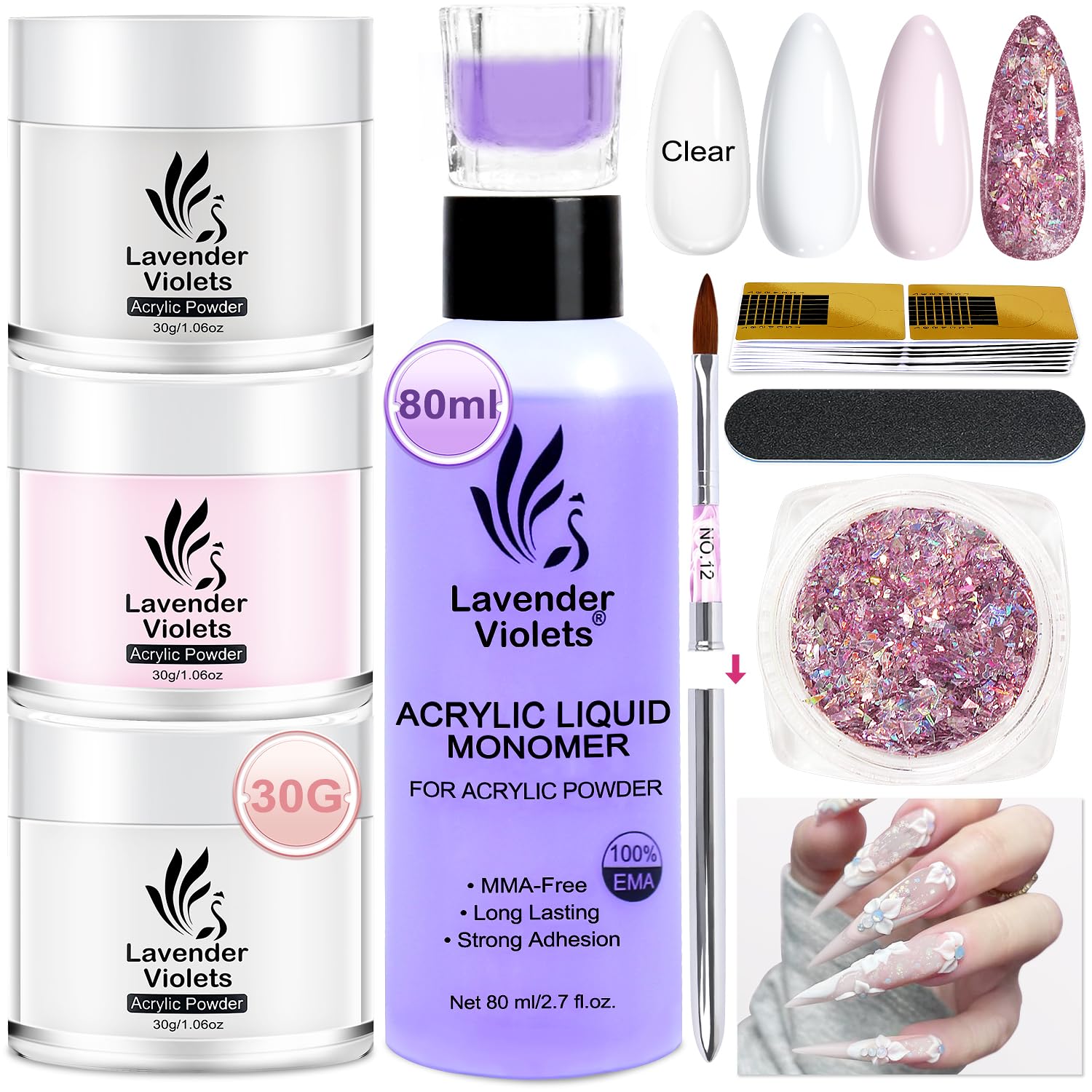 LILAC ネイルアート用パウダーセット Amazon.com: LAVENDER VIOLETS Acrylic Nail Kit - 30g x3 Clear