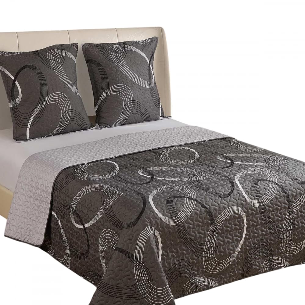Couvre lit boutis Eclipse Gris 220x240 cm + 2 taies 65x65 cm - Linge de lit Microfibre léger et Moderne pour lit Double