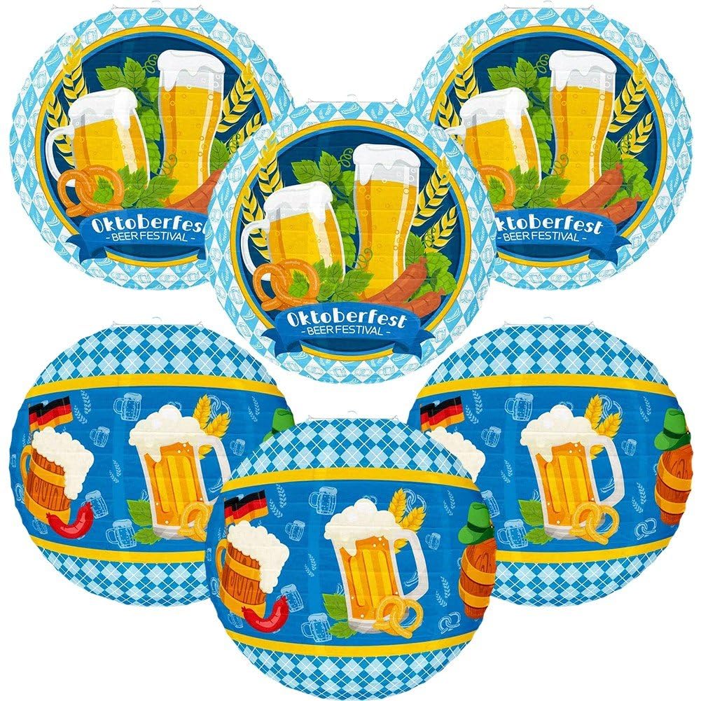 Fituenly 6pcs Oktoberfest Hanging Paper Lantern Set, Beer Round Lanterns for Indoor Outdoor Party Decorations, October Festival Supplies