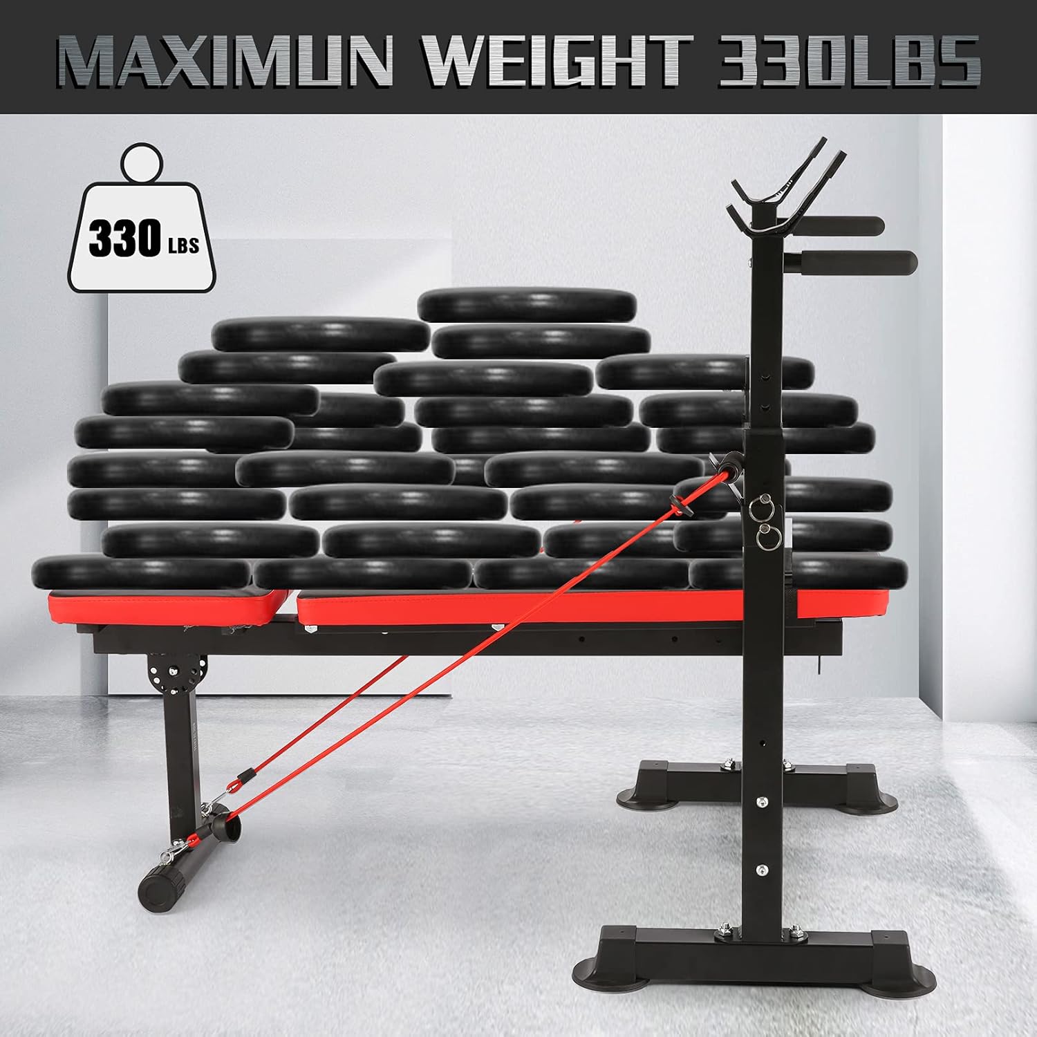Adjustable Folding Weight Bench,Strength Training Bench for Full Body Workout,Fitness Barbell Rack and Weight Bench for Home Gym (Red)
