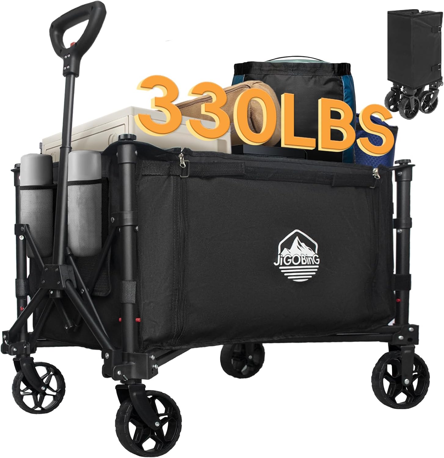 Collapsible Wagon, Portable Folding Wagon Cart with Wheels Foldable, 330lbs Heavy Duty Beach Wagon Outdoor Utility Cart with Dual Side Zipper, Cup Holders for Grocery Camping Garden Sports Black & Orange