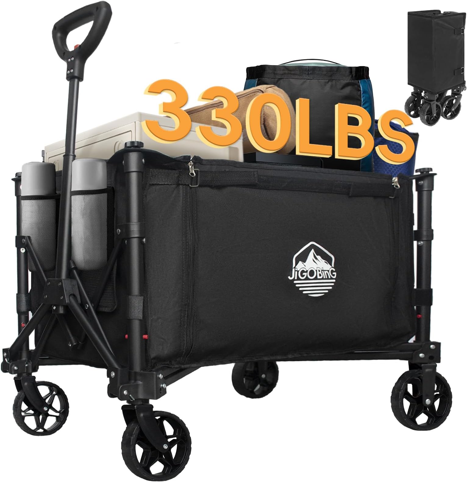 Collapsible Wagon, Portable Folding Wagons Carts with Wheels Foldable, 330lbs Heavy Duty Beach Wagon Outdoor Utility Cart with Dual Side Zipper, Cup Holders for Grocery Camping Garden Sports