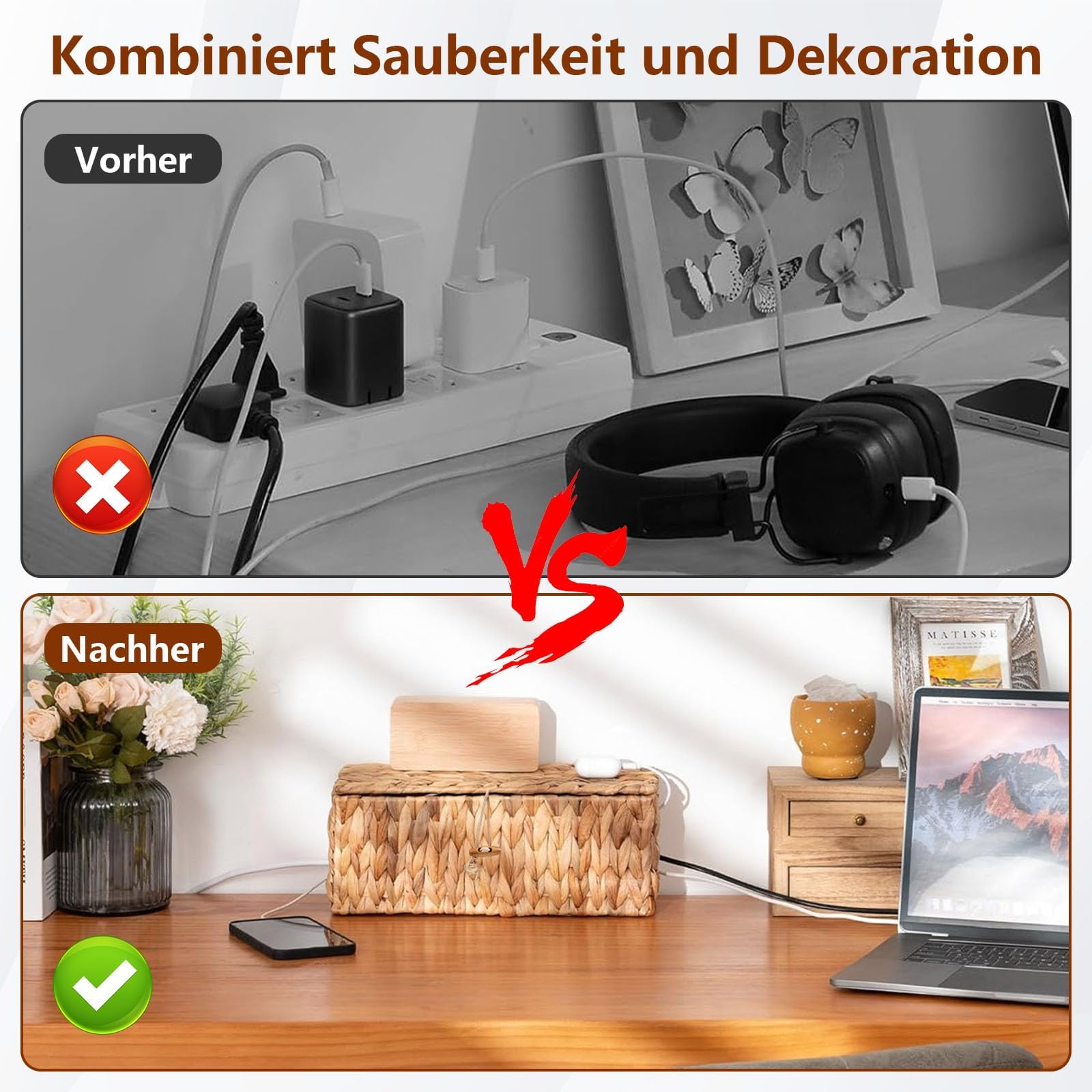 W&H 2 Stück Kabelbox, Handgefertigter kabelmanagement Box aus Wasserhyazinthe mit Deckel, Kabel Organizer, Kabelaufbewahrung mit Seitlicher Öffnung zum Verstecken von Kabeln,Geeignet für Haus,Büro