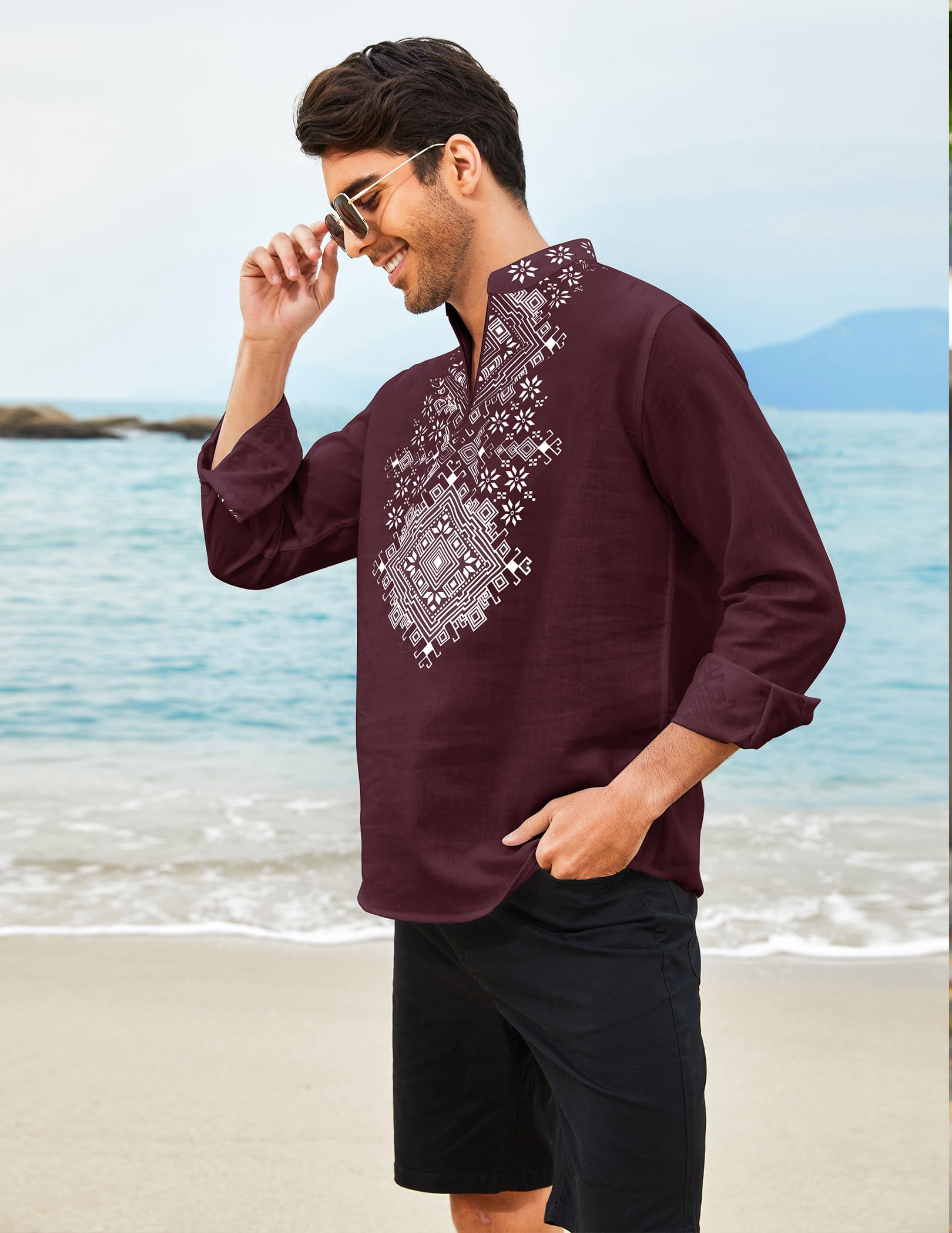 COOFANDY Camicia da uomo Henley Vyshyvanka a maniche lunghe con stampa africana camicie casual zip up cotone lino spiaggia camicia hippie