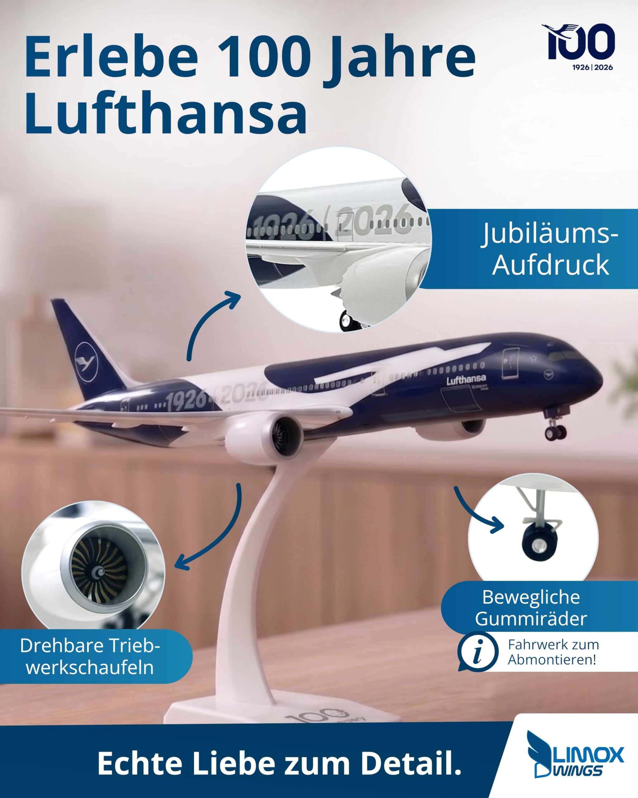 Limox Boeing 787-9 D-ABPU - 100 Jahre Lufthansa Jubiläumsedition I 1:200 Modellflugzeug mit Fahrwerk & Standfuß I Jubiläumsmodell I Limitiertes Flugzeugmodell für Sammler & Luftfahrtfans