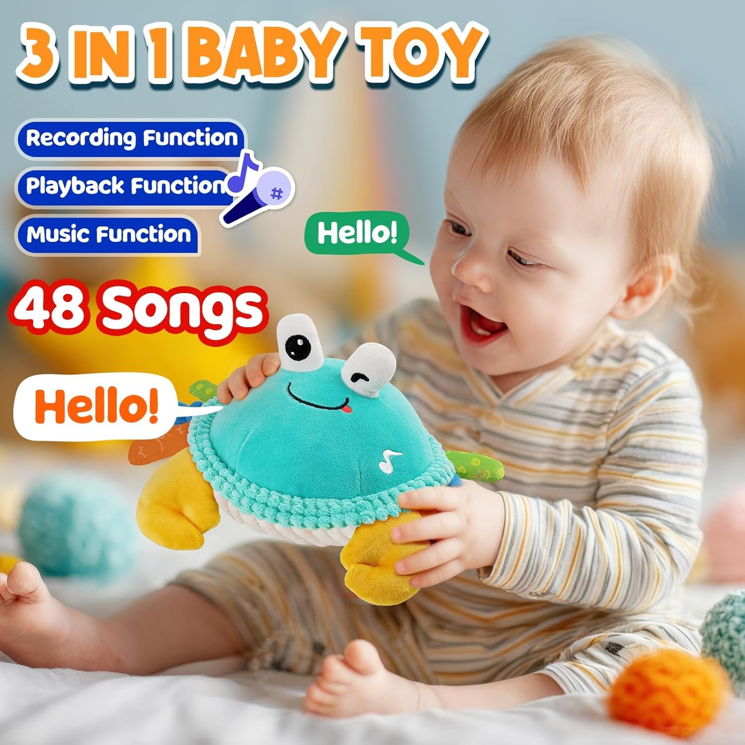 Granchio giocattolo per bambini da 6 a 18 mesi con funzione di ballo e rimbalzo - Peluche musicale per gattonare - Giocattolo per bambini a partire da 6 mesi per imparare a gattonare - Regalo