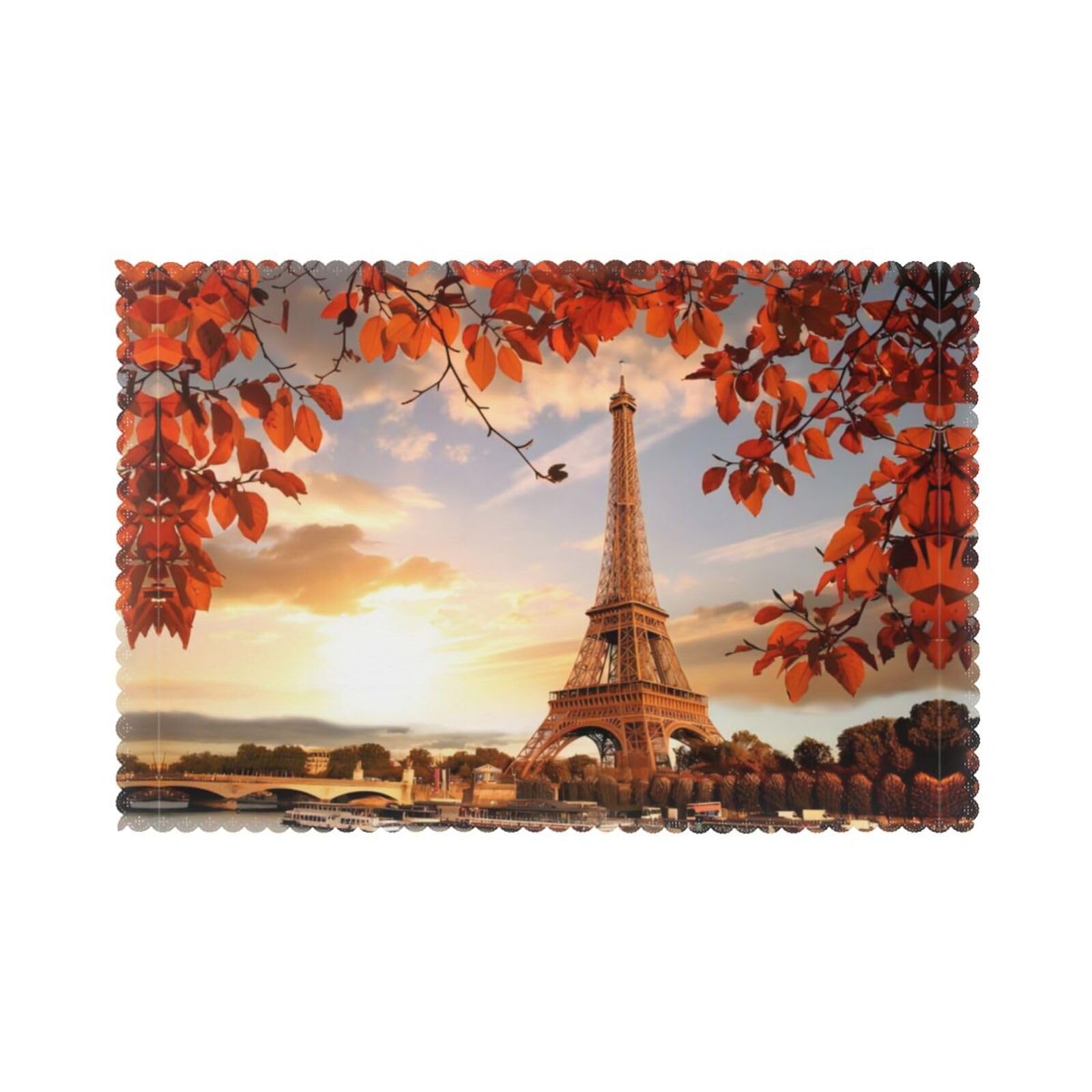 Eiffel Tower and Red Leaves Printed table mat set (6 pieces) - Aesthetic upgrade for family gatherings and hotel banquets