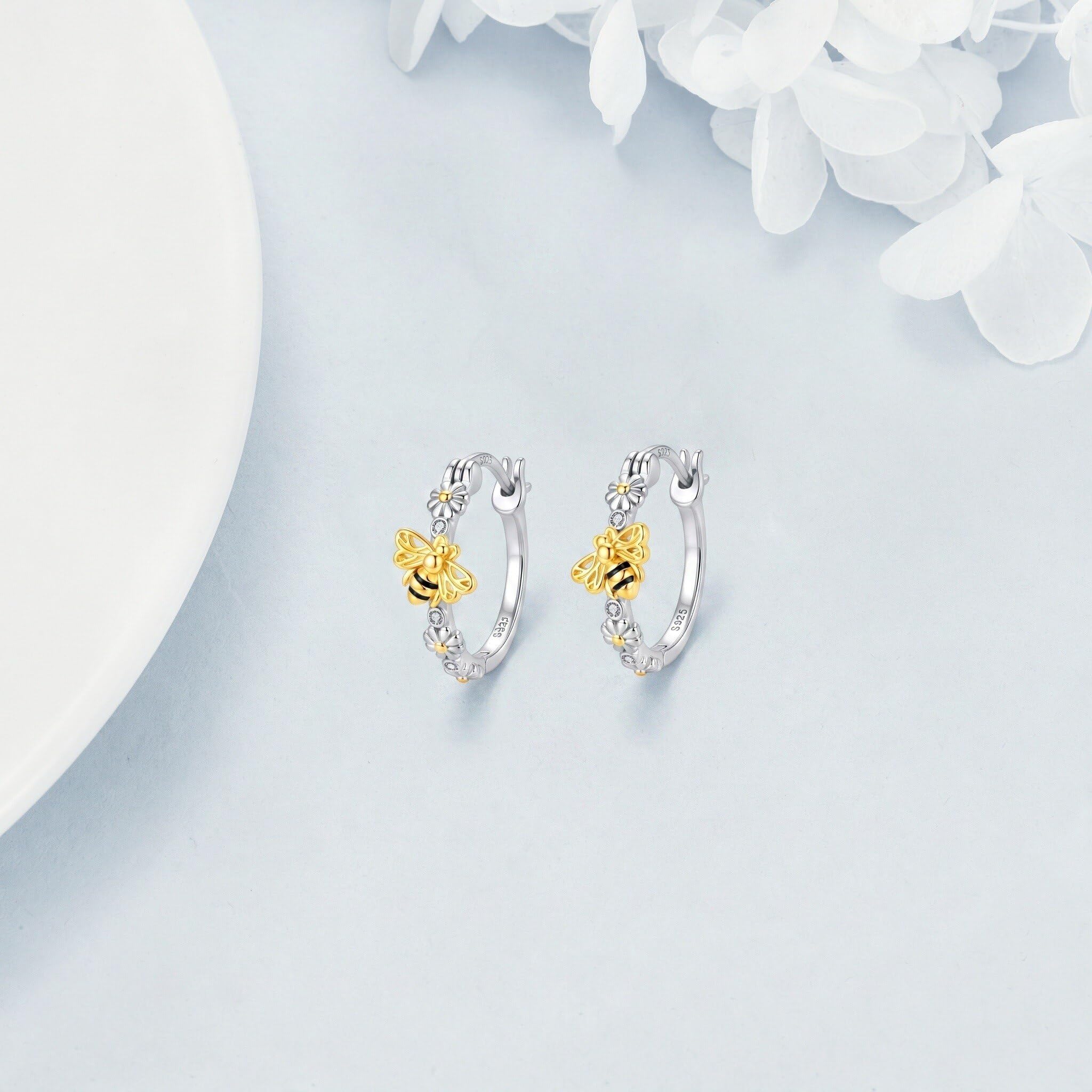Pendientes de aro de margaritas de abeja de plata de ley 925, abejas, joyas de cumpleaños, regalo diario para mujeres