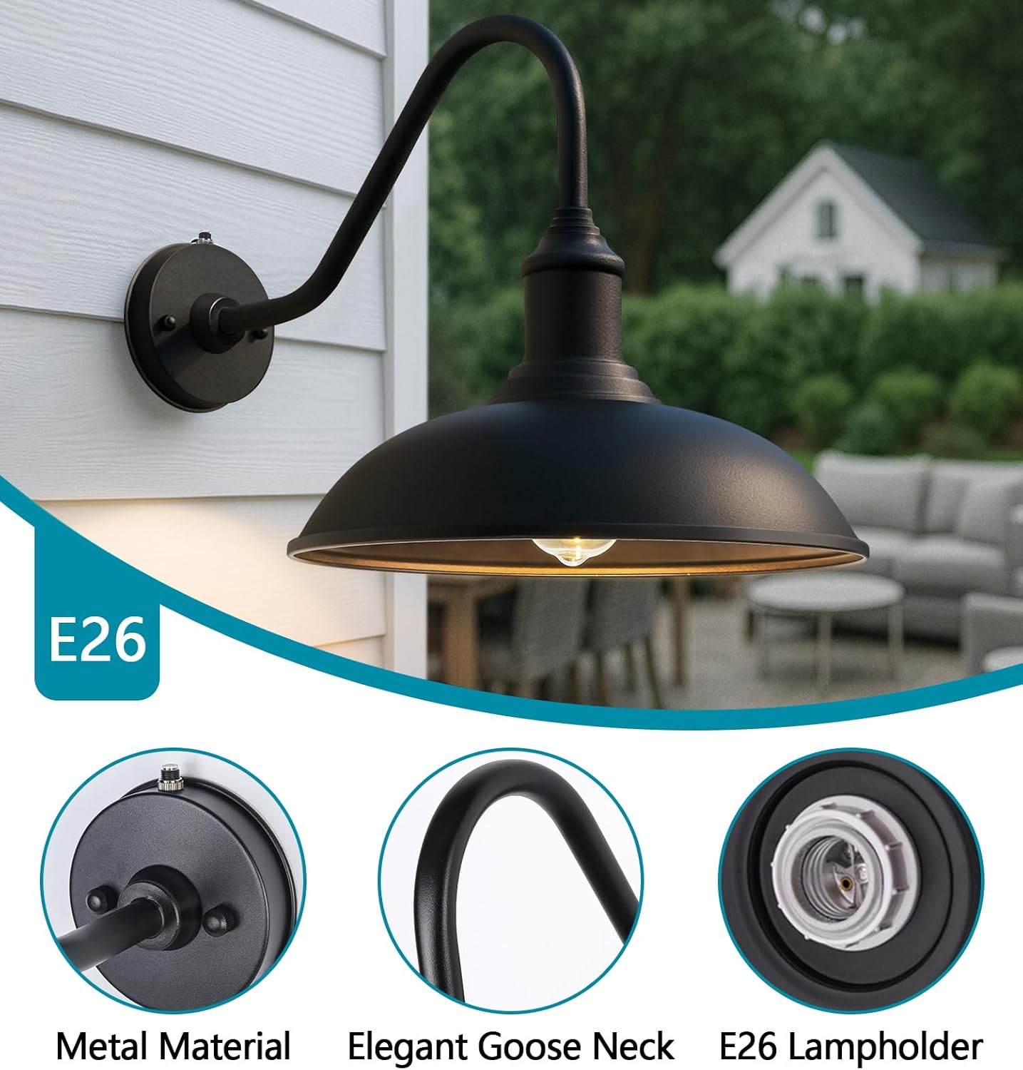 11 Inch Outdoor Barn Gooseneck Lights from Dusk to Dawn, Waterproof and Rust Resistant Classic Farmhouse Barn Lights, Gooseneck Lights for Garage, Patio and Porch