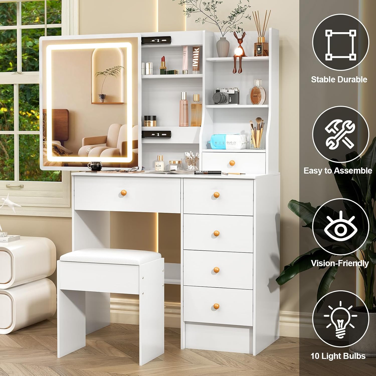Small Makeup Vanity,Makeup Vanity Desk with 6 Drawers 6 Shelves 1 Stool& Slide LED Mirror,3 Modes Light Adjustable White Small Vanity Desk for Bedroom,31.5" L*14.2" W*51.2" H.