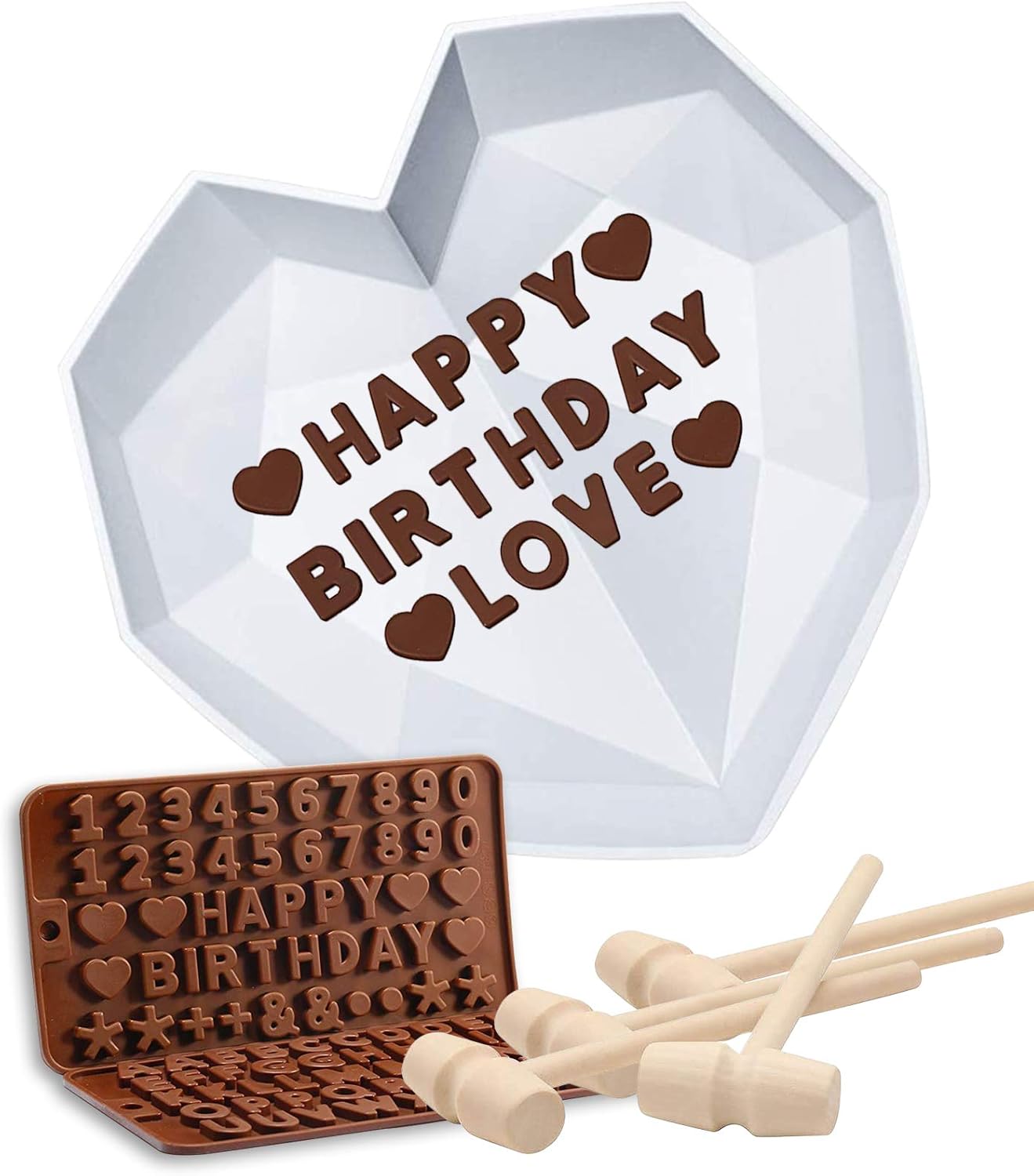 Large Silicone Heart Mold Diamond Heart Shape Cake Mold with 4 PC Mini Hammer for Chocolate, Candy, Cake, Jelly, Mousse Making: Home & Kitchen