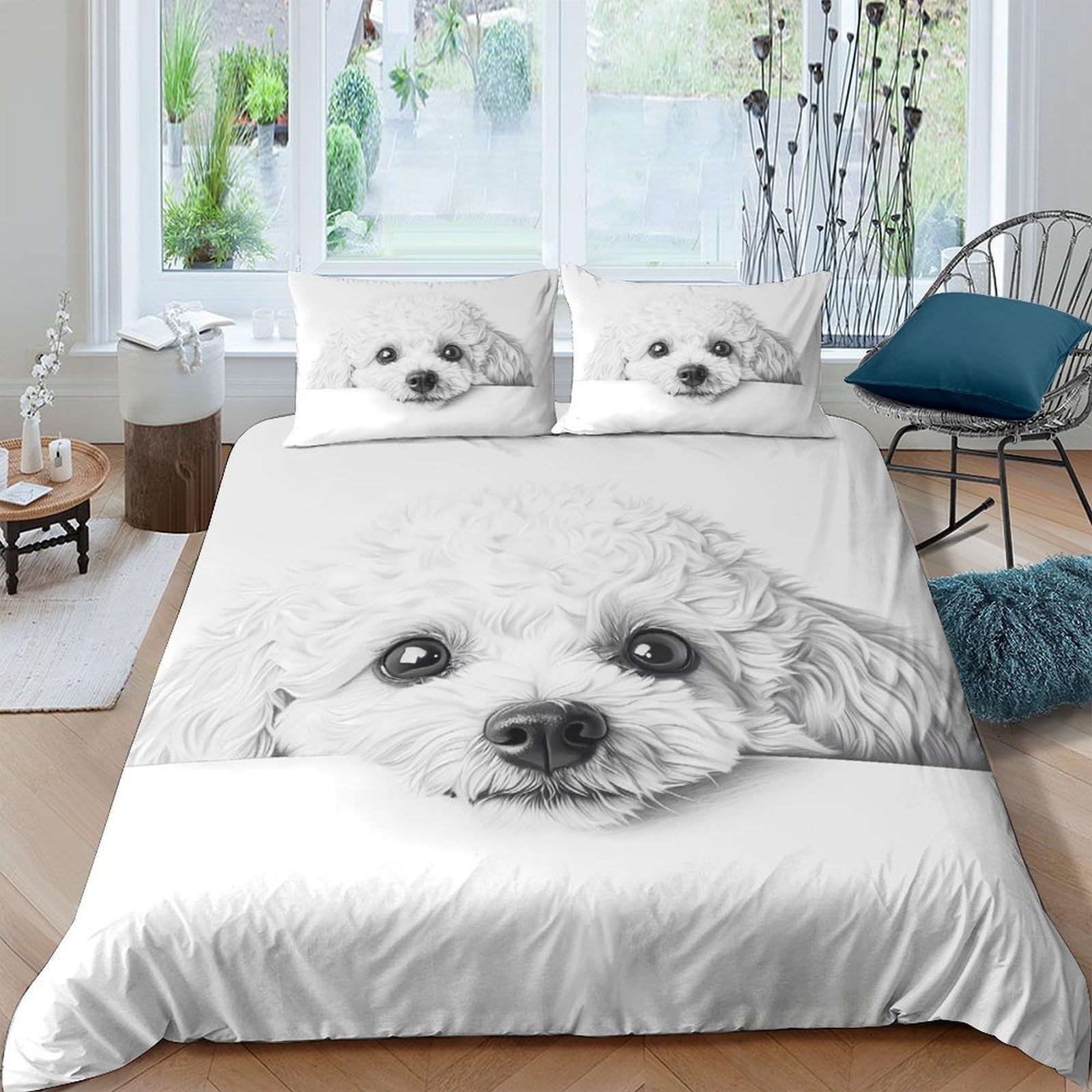 Ctjqhvkz Style-7 3D Printed White Poodle Fitted Sheet Microfiber Soft Breathable Dog Face Bed Cover For Bedroom Guest Room Decor Single（135X200cm）