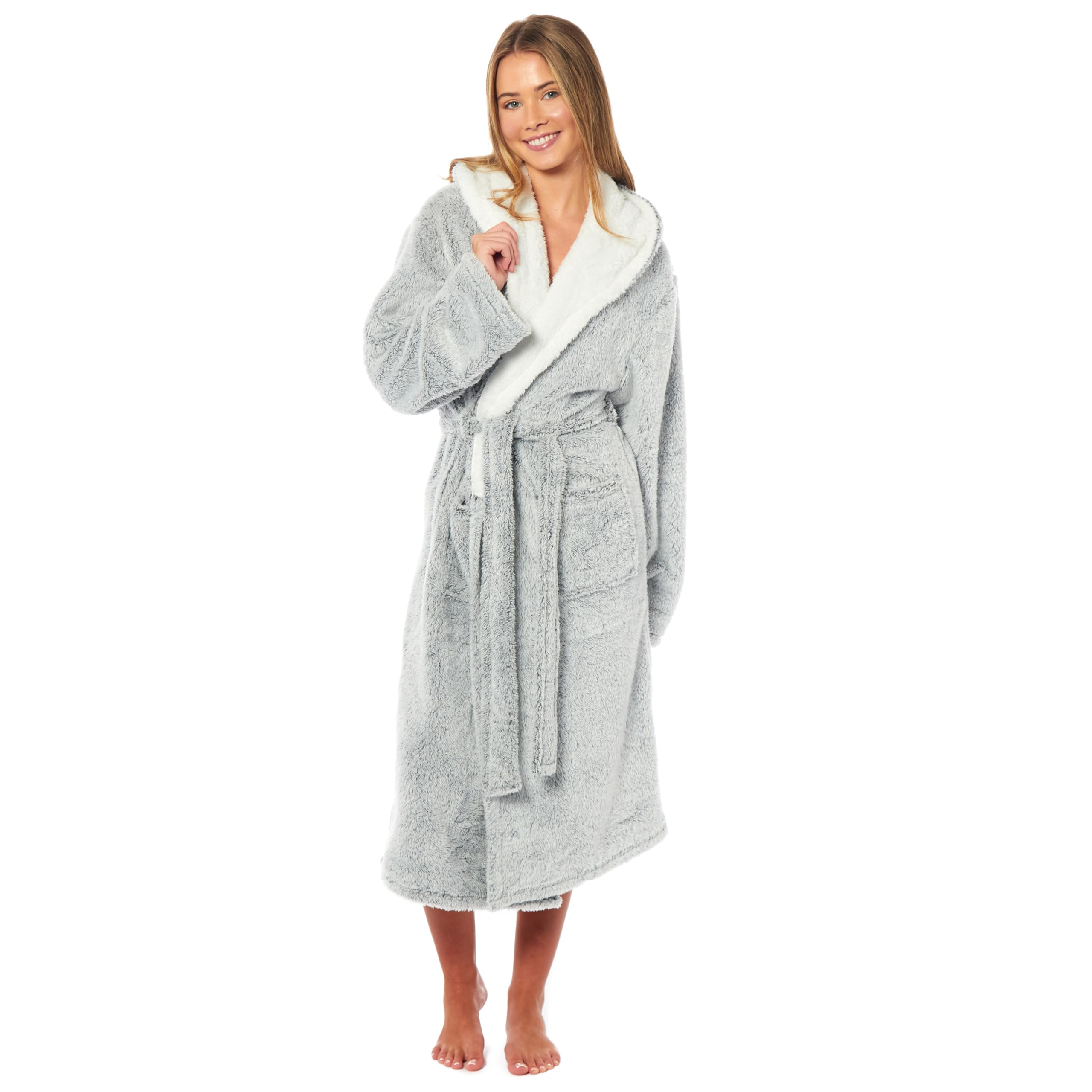 Daisy Dreamer Women's Grey Robe Plush Shimmer Fleece Hooded Dressing Gown Soft Long Bathrobe With Pockets Warm Fluffy Loungewear Robes For Large 16-18