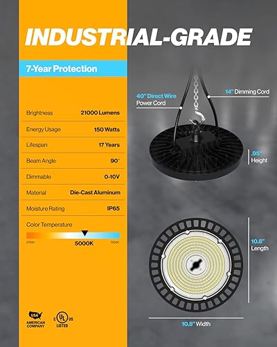 Miniatura 3 de Sunco Lighting UFO - Luz LED de alta bahía, iluminación para almacén, luz diurna de 5000 K, 150 W, 21000 LM, 100-277 V, regulable 1-10 V, IP65