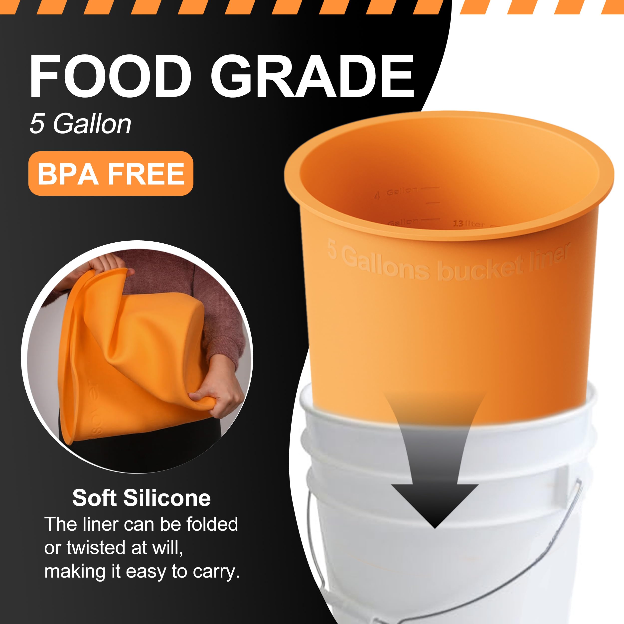 Cubo de silicona reutilizable de 5 galones, resistente, 118 mil, para pintura Thinset, epoxi, hormigón, mezcla, almacenamiento seguro de alimentos (5 galones, naranja)